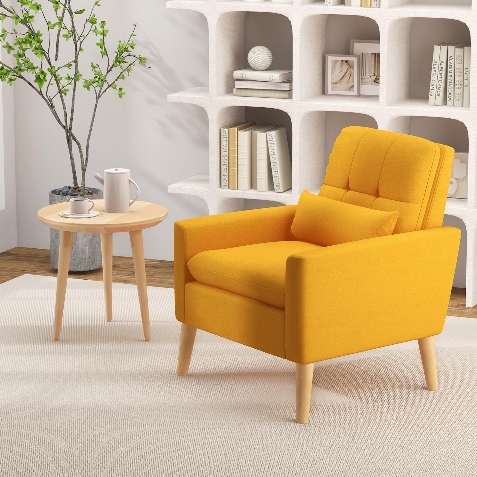 KOMFOTT Modern Linen Accent Chair, Upholstered Tufted Armchair with Lumbar Pillow, Rubber Wood Legs, Padded Cushion