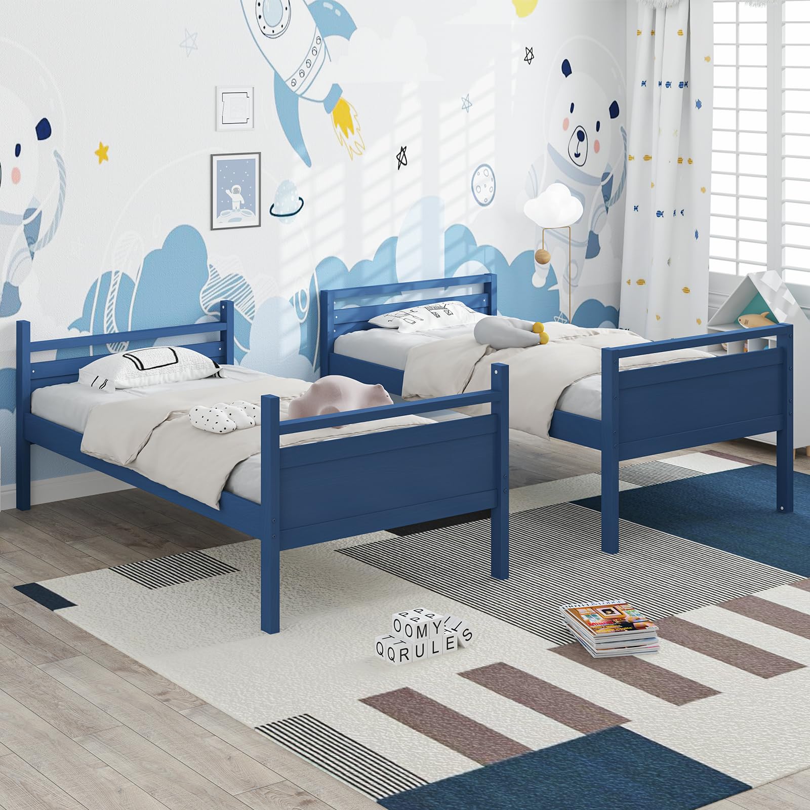 KOMFOTT Twin-Over-Twin Wood Bunk Bed, Multifunction Convertible 2 Individual Beds