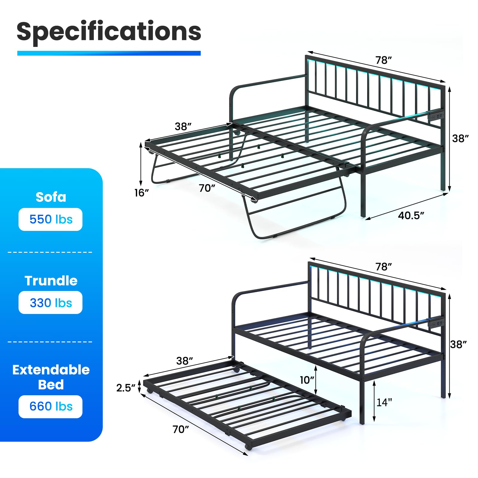 KOMFOTT Twin Metal Daybed with Pop Up Trundle