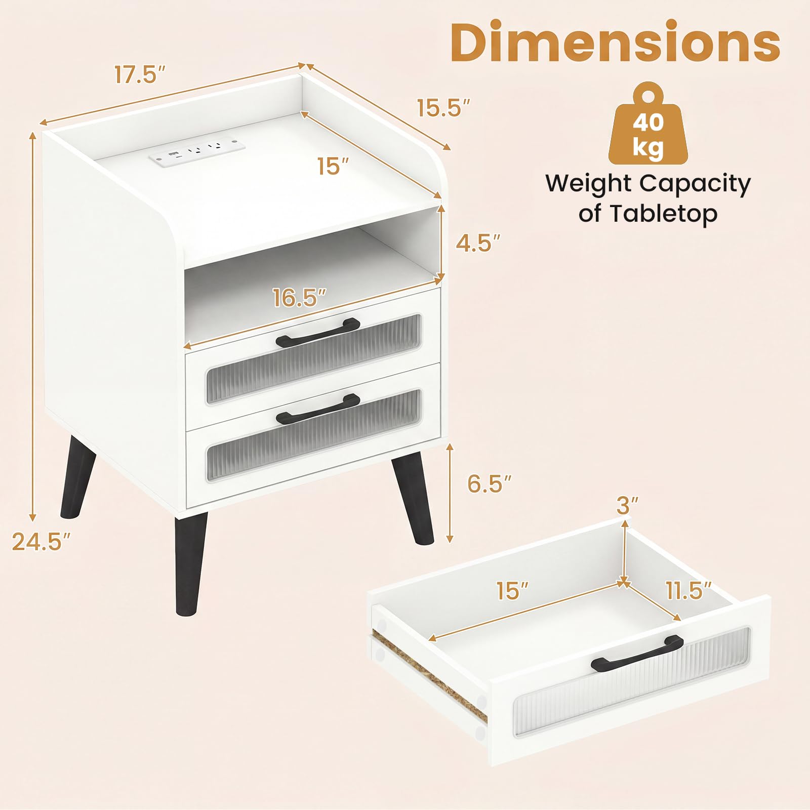 KOMFOTT Nightstand with Charging Station and LED Lights(1/2)