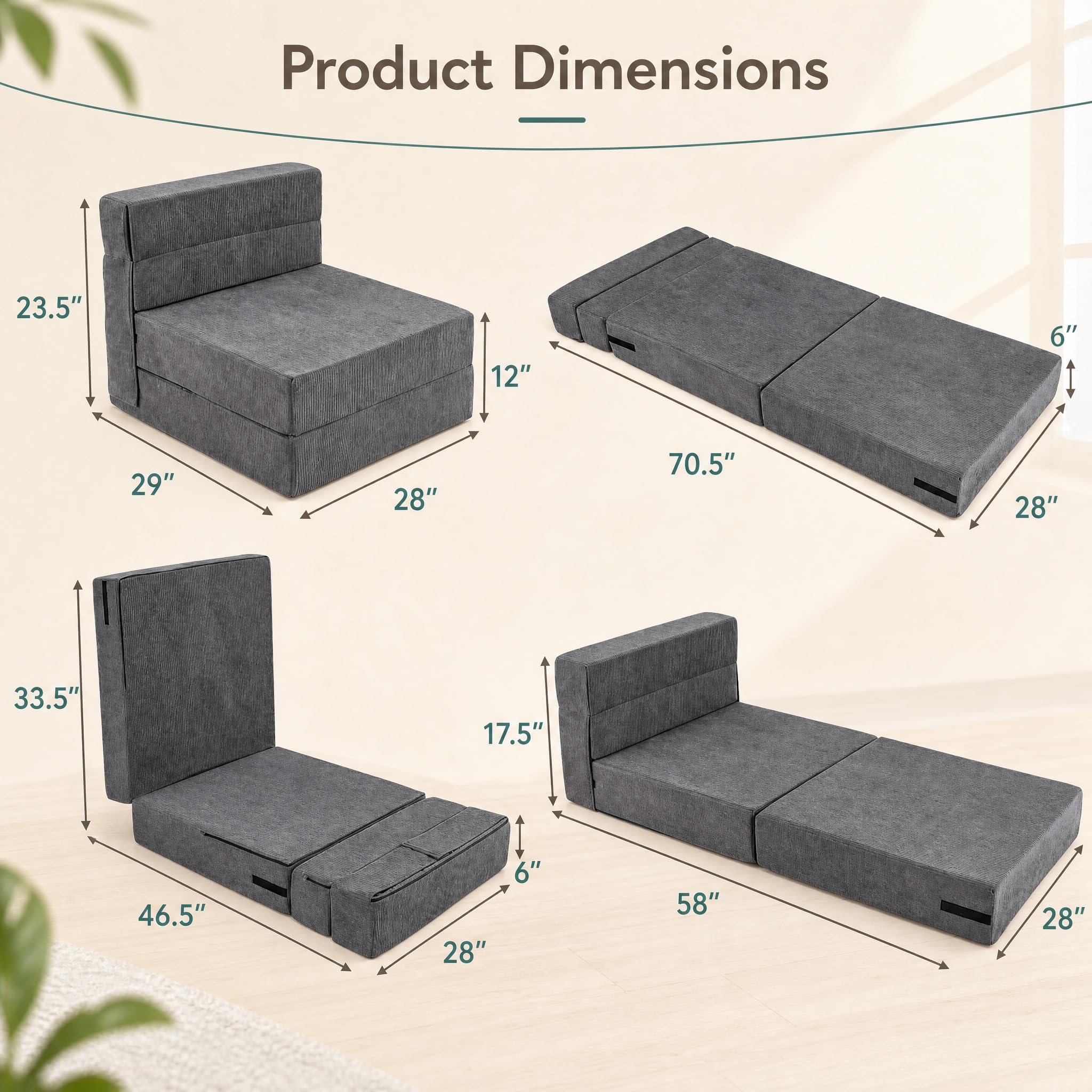 KOMFOTT Convertible Folding Sofa Bed 4-in-1 Fold Out Sleeper Chair