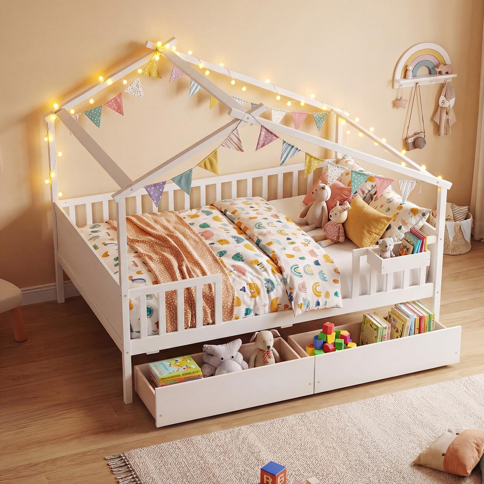 KOMFOTT Full Size House Bed for Kids with 2 Rolling Drawers & Roof & Fence Rails