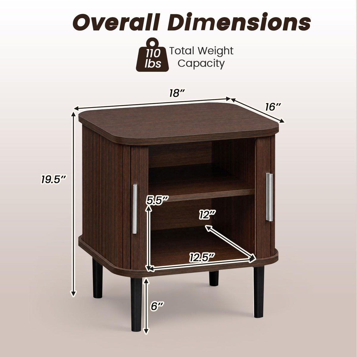 KOMFOTT Fluted Nightstand with Sliding Doors Wood Bedside Table(1/2)