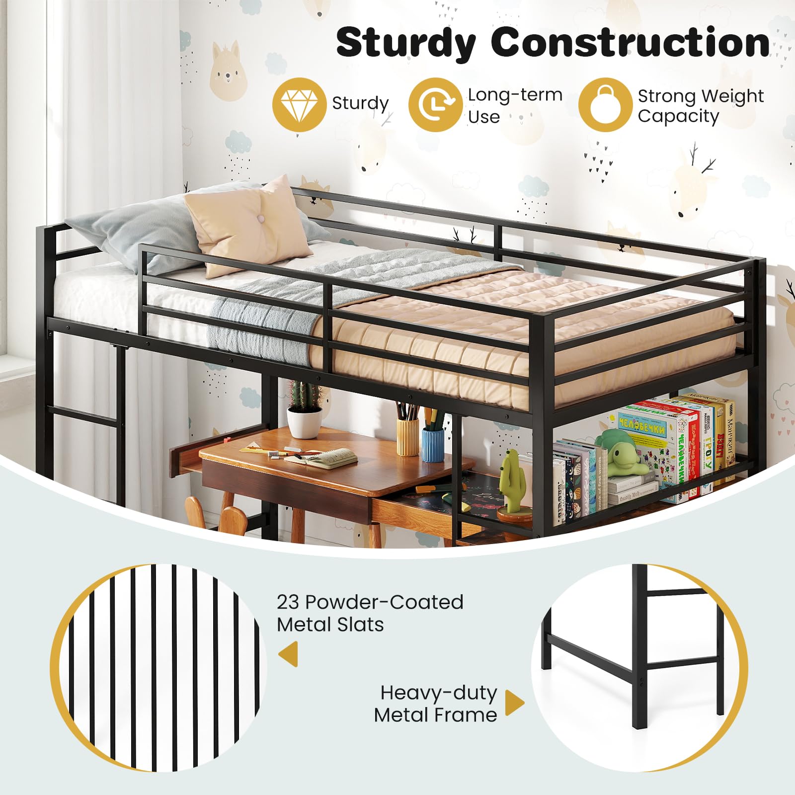 KOMFOTT Twin Size Metal Loft Bed w/Storage Shelves