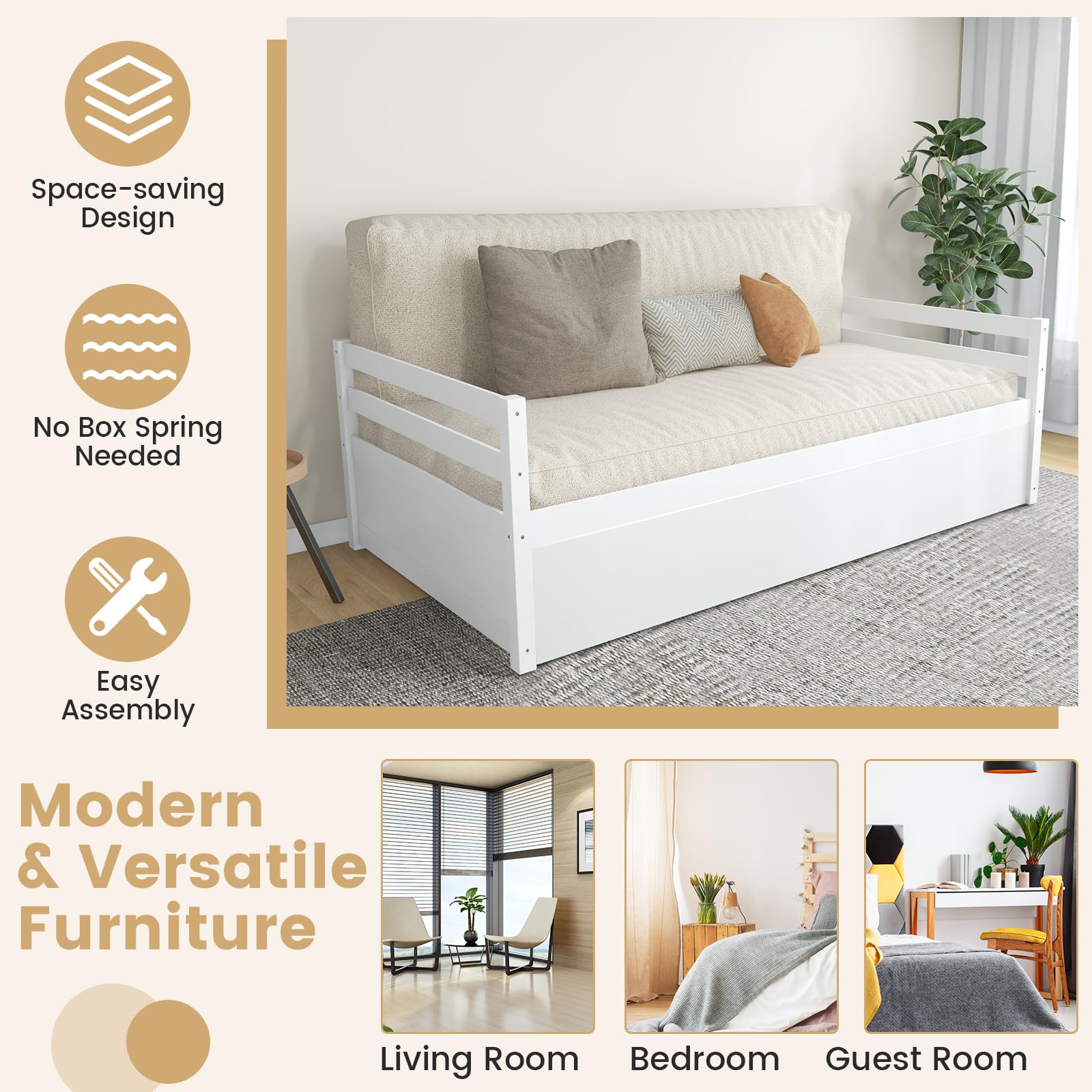 KOMFOTT Twin Daybed with Trundle, Wood Trundle Bed with Wood Slat Support