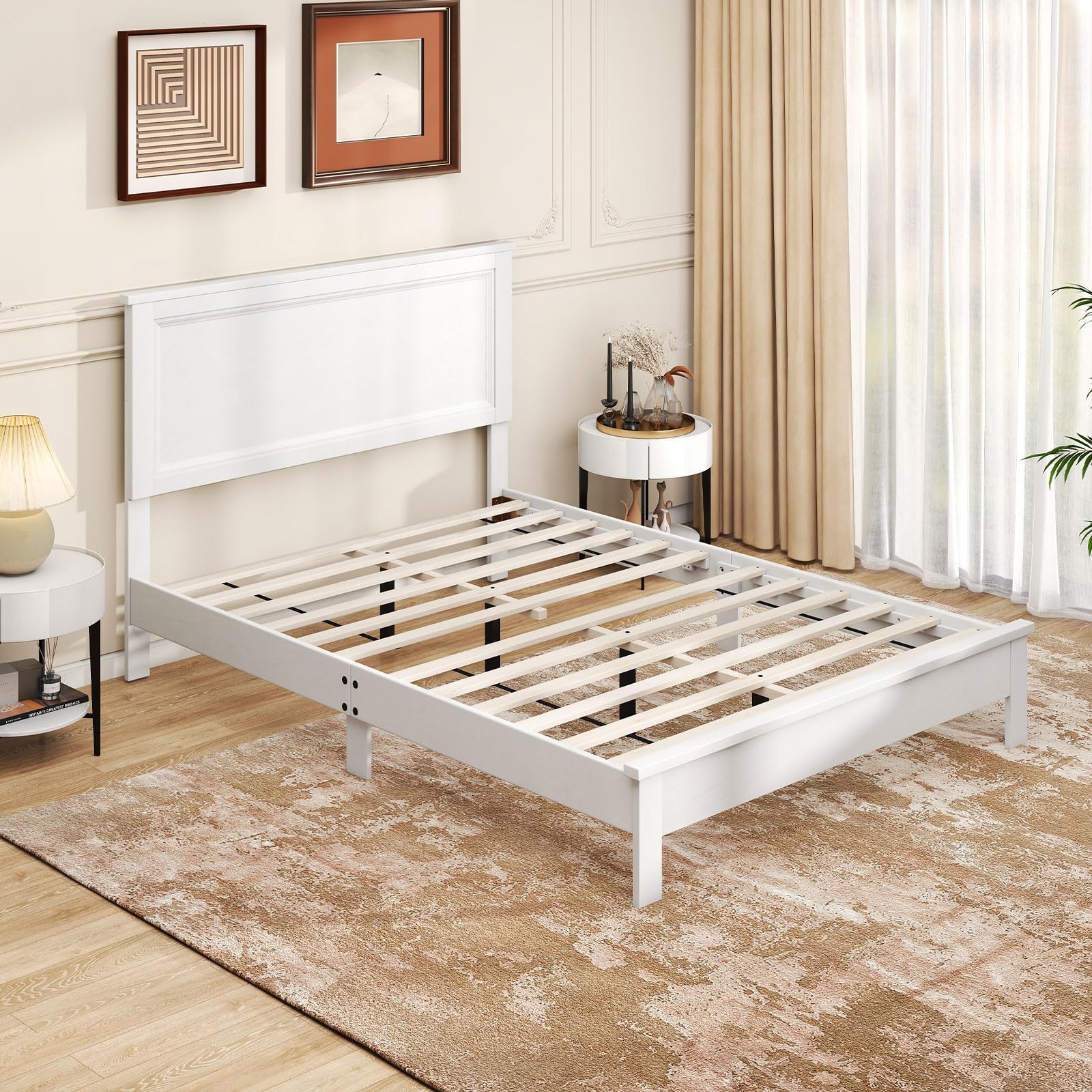 KOMFOTT Mid-Century Modern Platform Bed with Headboard, Solid Wood Legs