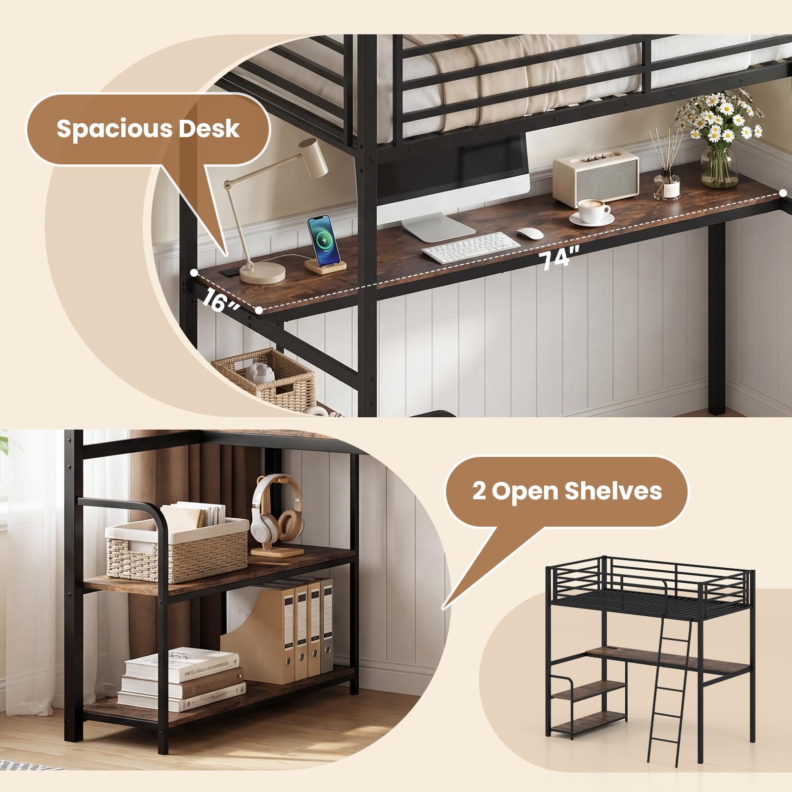 KOMFOTT Twin Loft Bed with Desk & Shelves Heavy Duty Metal Bed Frame