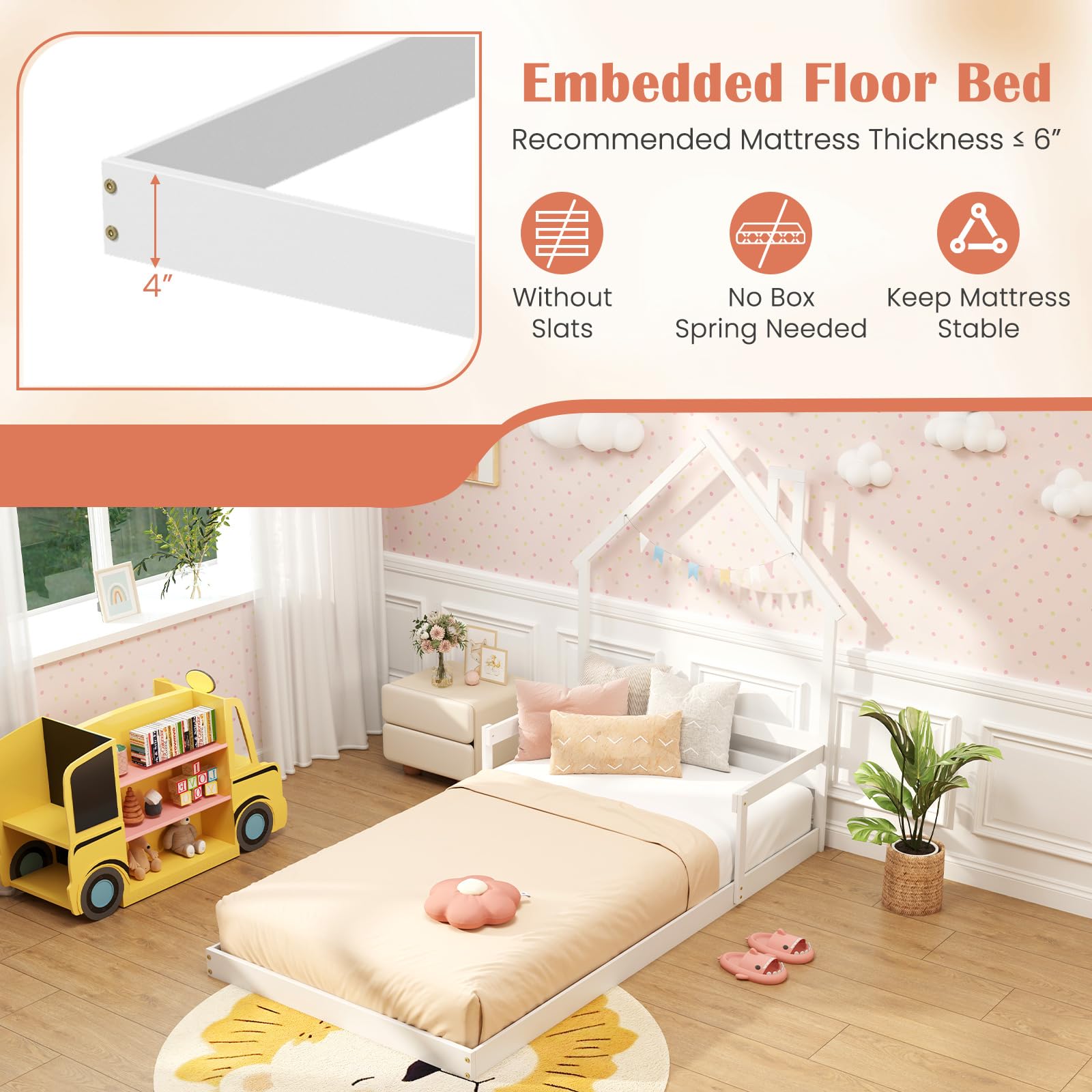 KOMFOTT Twin Floor Bed with House-Shaped Headboard