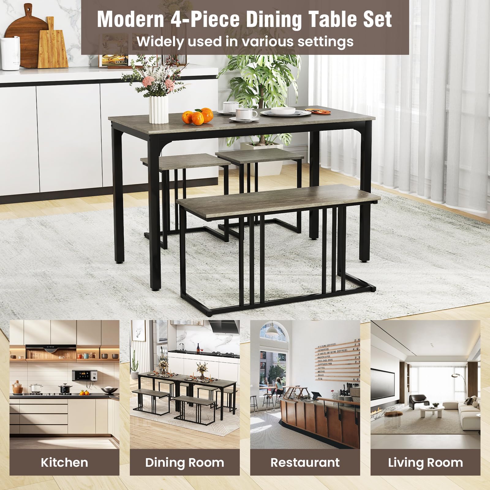 KOMFOTT 4 Piece Dining Table Set for 4 with Bench & 2 Stools, Space-Saving Desk Set