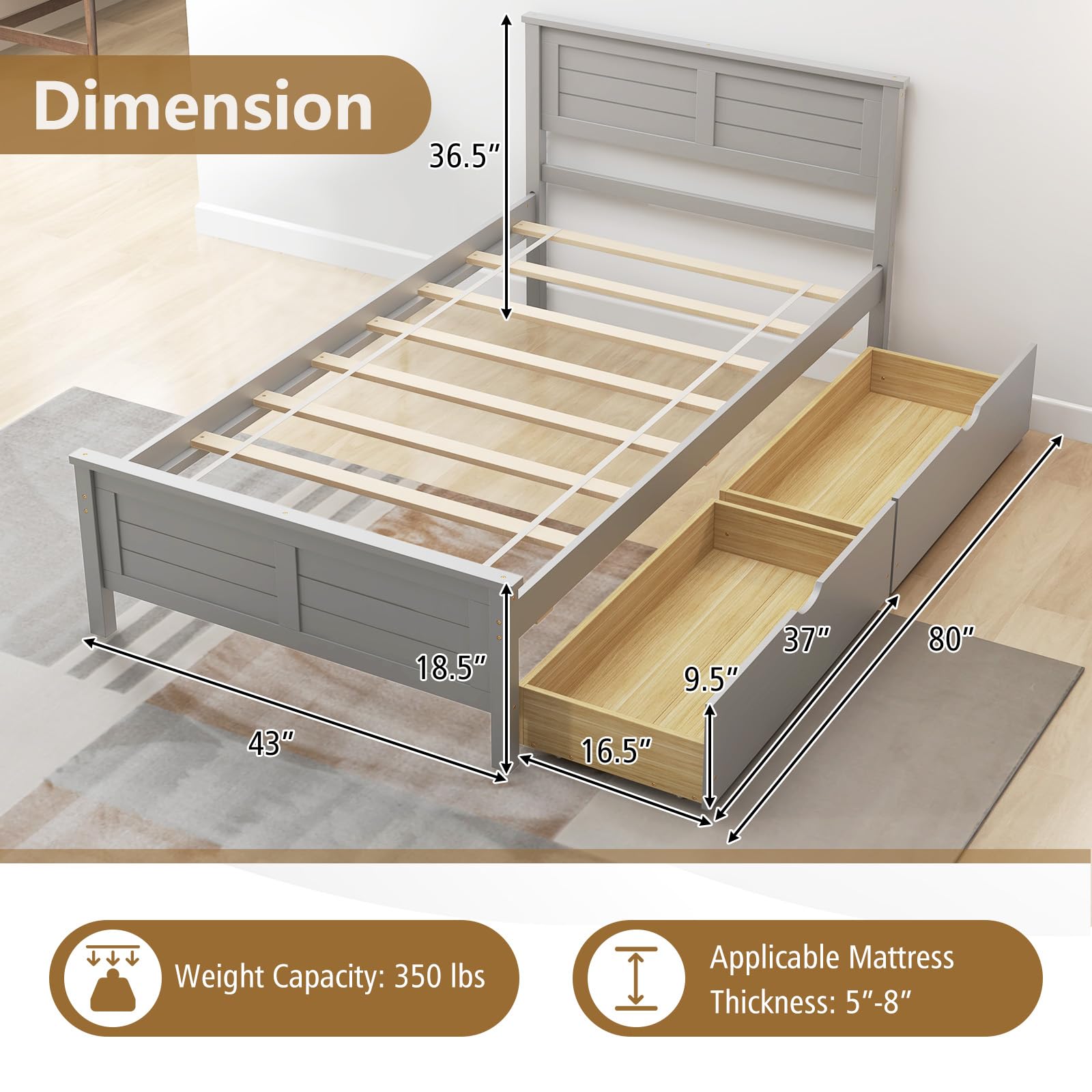 KOMFOTT Wood Bed Frame with 2 Storage Drawers
