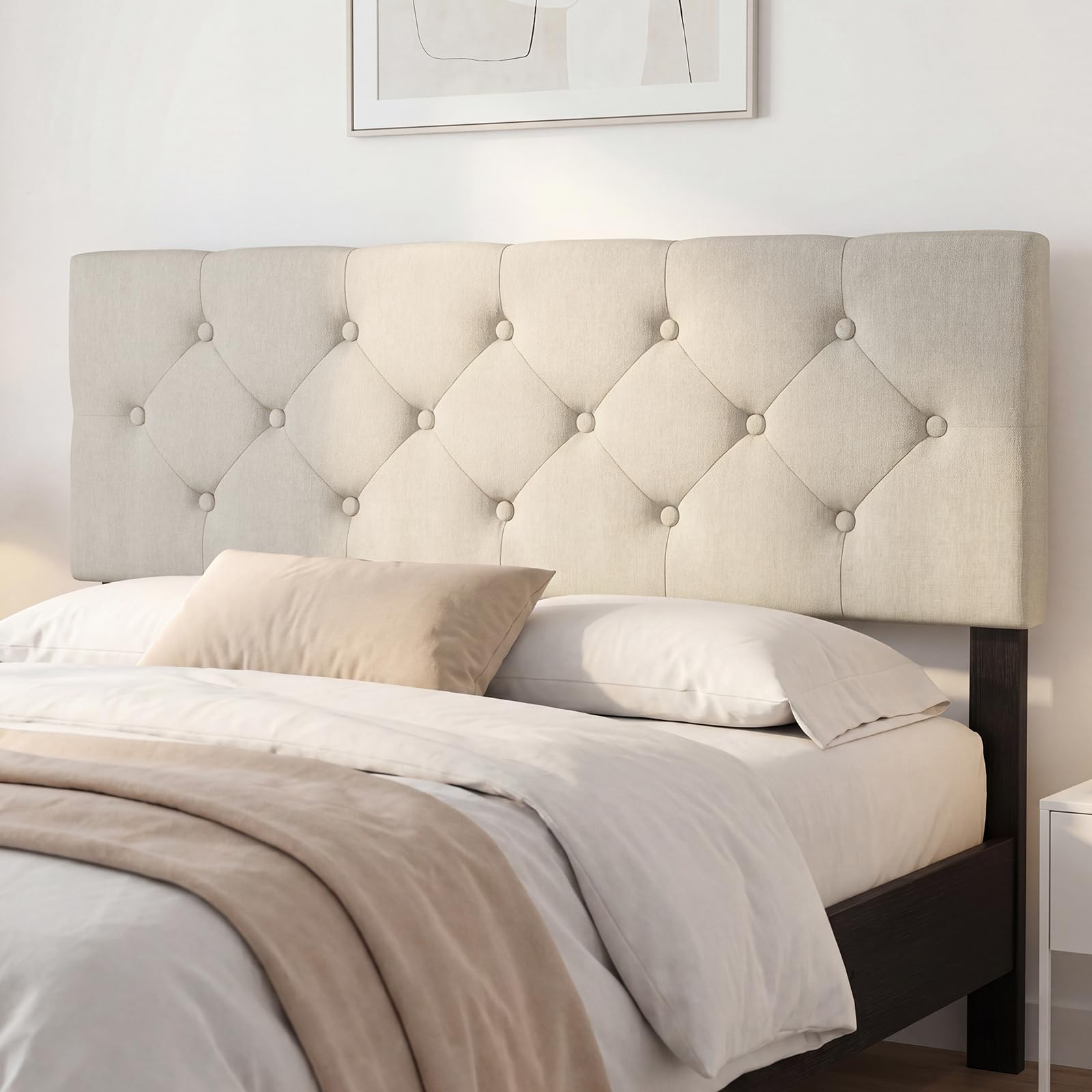 KOMFOTT Linen Upholstered Headboard for Full & Queen Size Bed Frame(Rhombic Button Tufted)