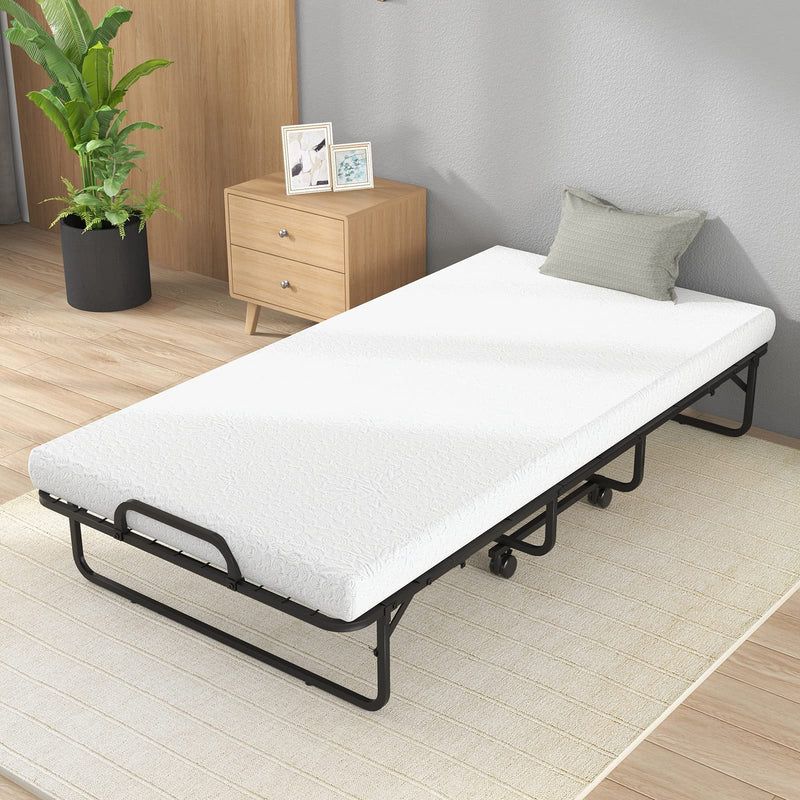 KOMFOTT Folding Rollaway Bed with 4" Mattress, Portable Bed with Rolling Casters
