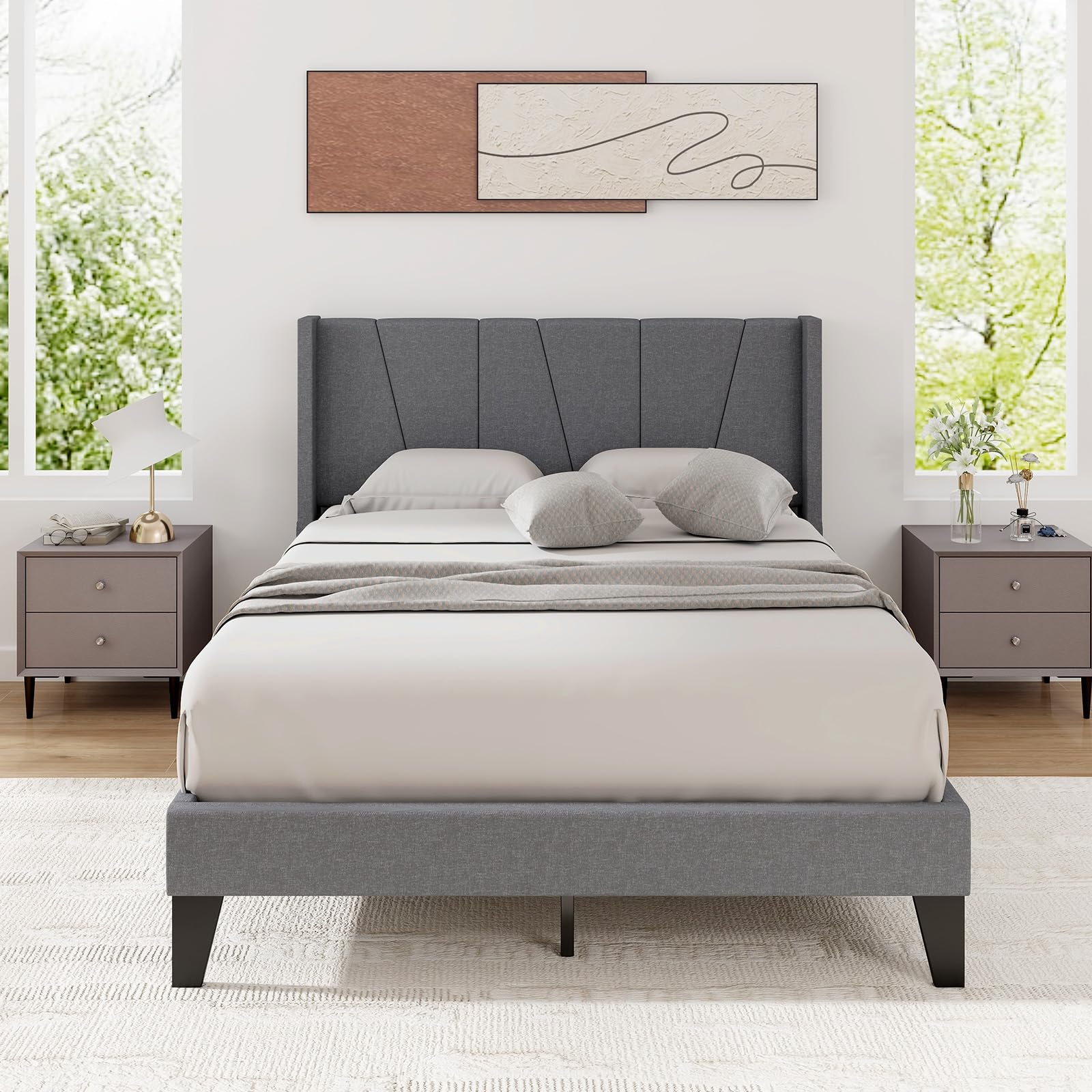 KOMFOTT Upholstered Bed Frame with Wingback Headboard