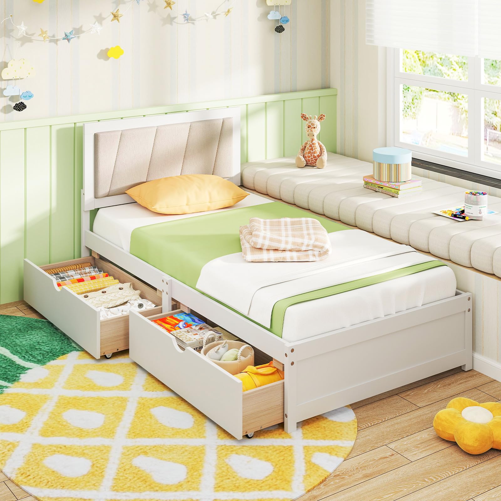 KOMFOTT Twin Bed Frame with 2 Storage Drawers(Twin)