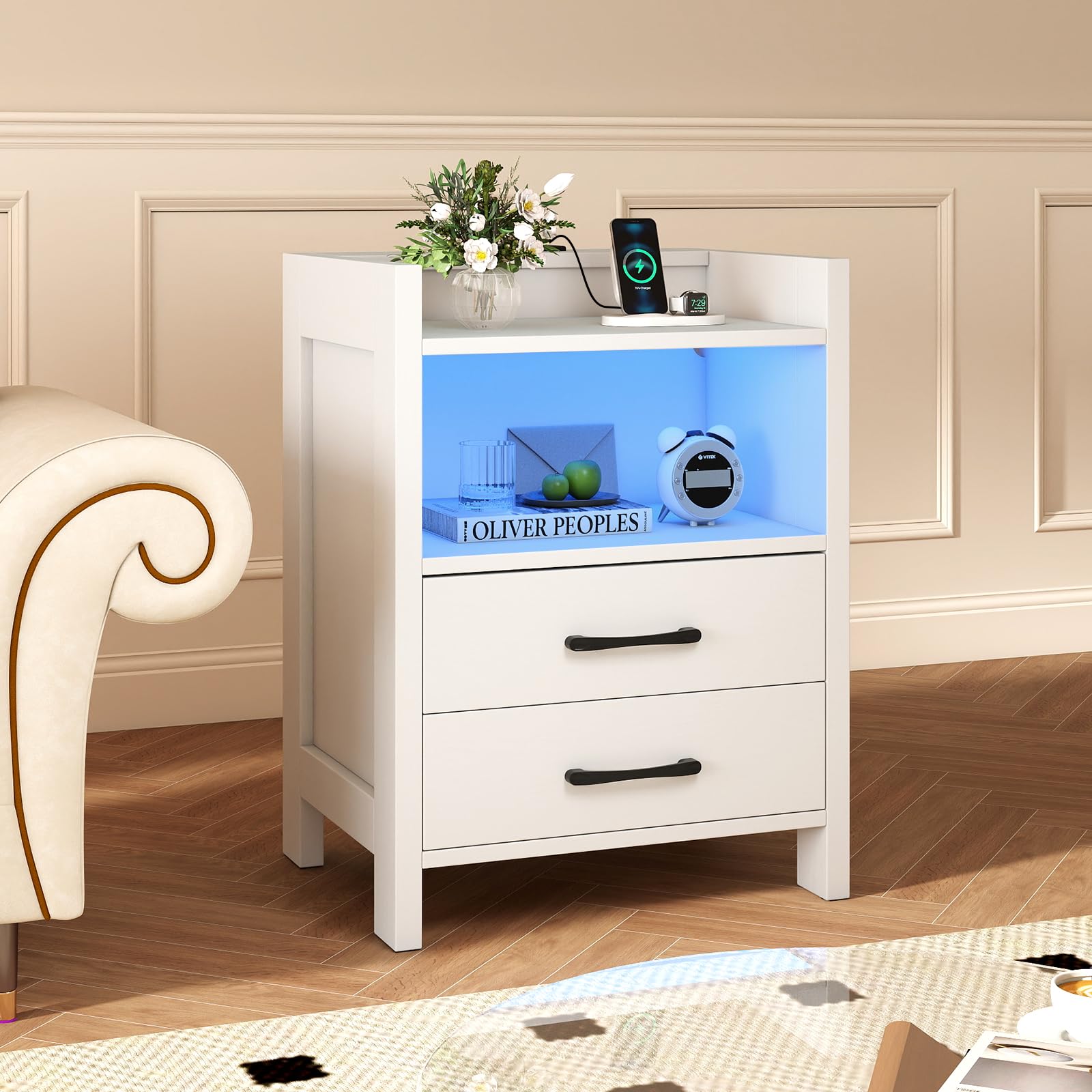 KOMFOTT Nightstand with LED Lights & Charging Station（23.5”）