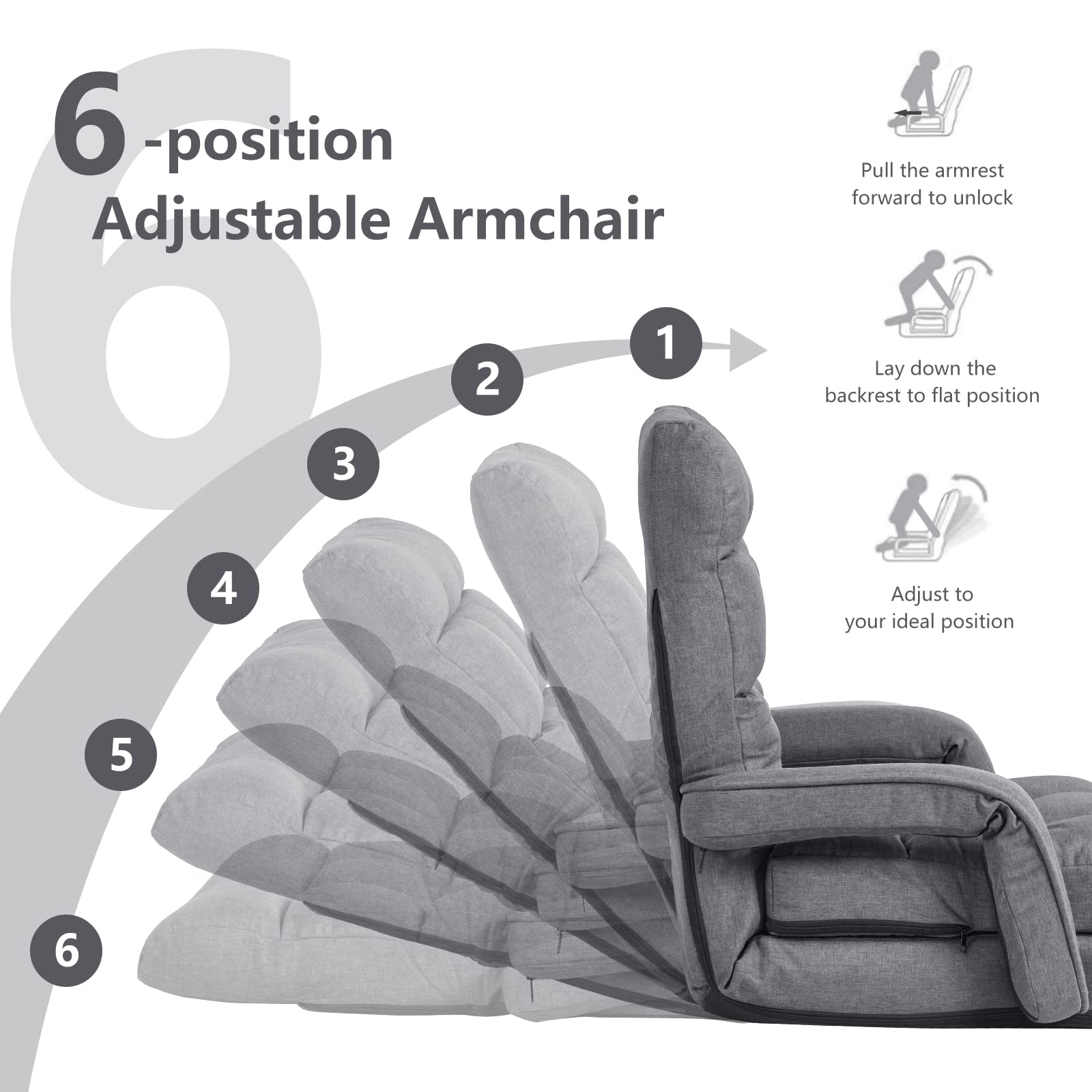KOMFOTT Adjustable Floor Chair, Folding Lazy Sofa Chair with 5 Positions, Detachable Seat Cushion
