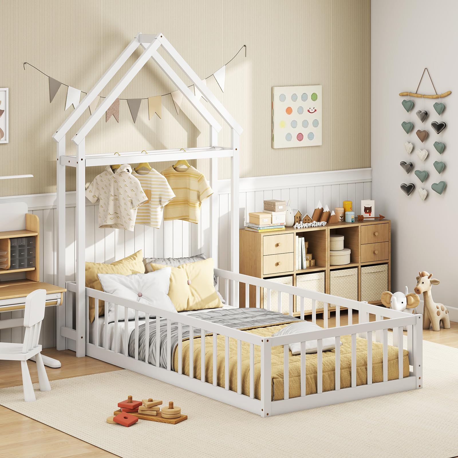 KOMFOTT Twin Size Floor Bed with House-Shaped Headboard（Twin with Headboard）