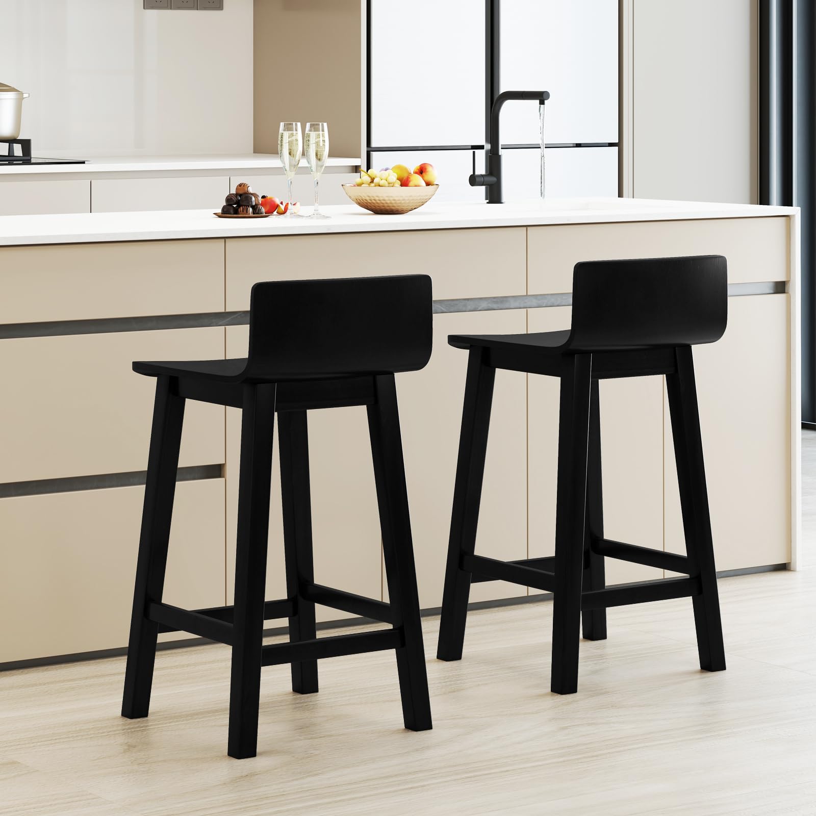 KOMFOTT Solid Wood Bar Stools Set of 2/4, Counter Height Chairs with Low Back and Footrest
