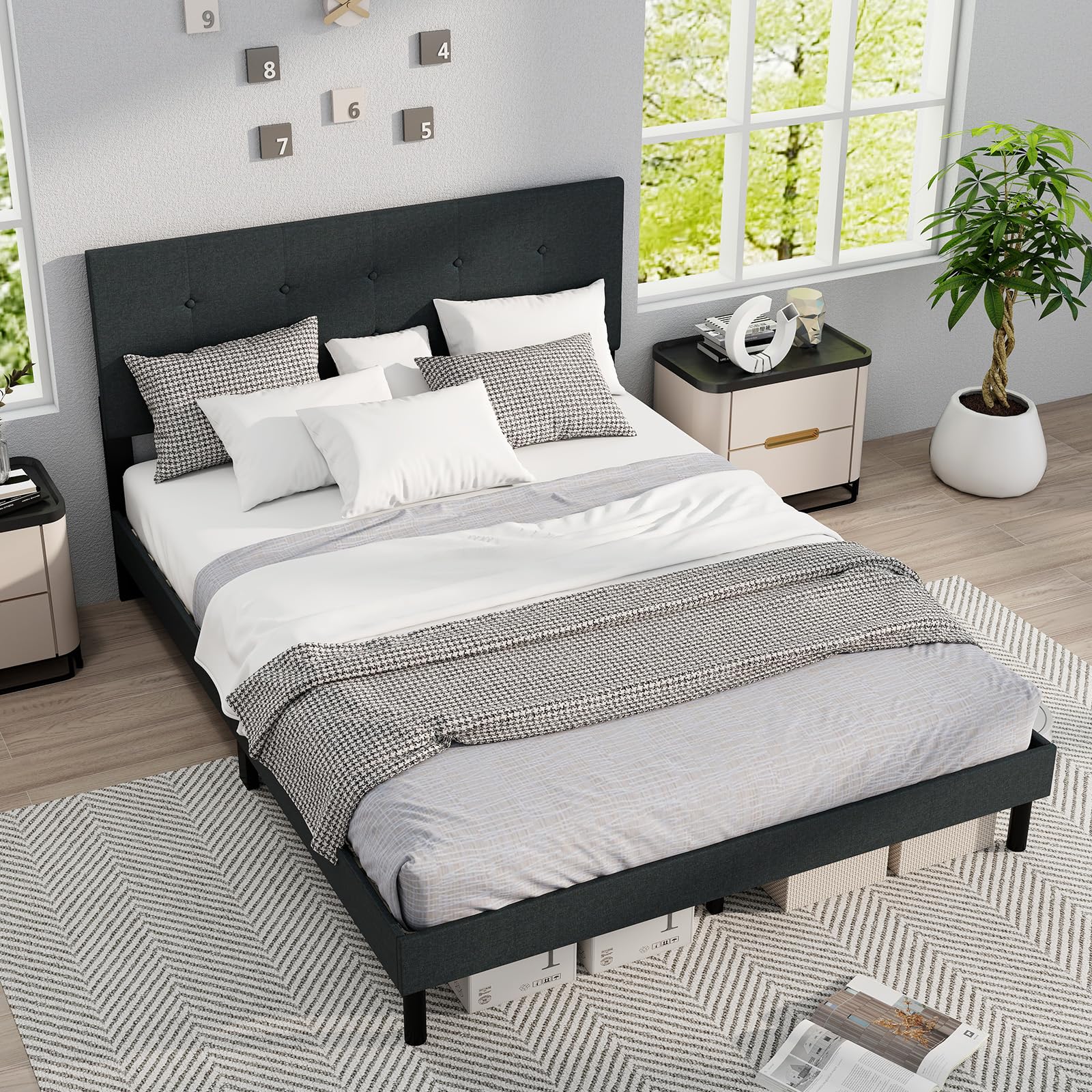 KOMFOTT Queen Size Linen Upholstered Bed Frame with Tufted Headboard