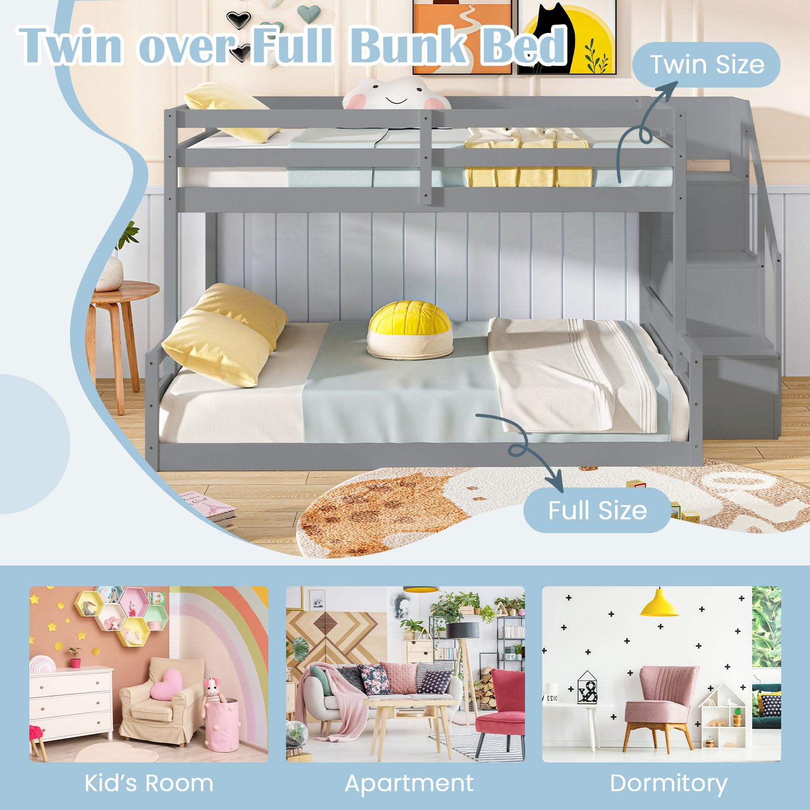 KOMFOTT Bunk Bed with Stairs, Solid Wood Floor Bunk Bed with Storage Staircase & Full-Length Guardrails