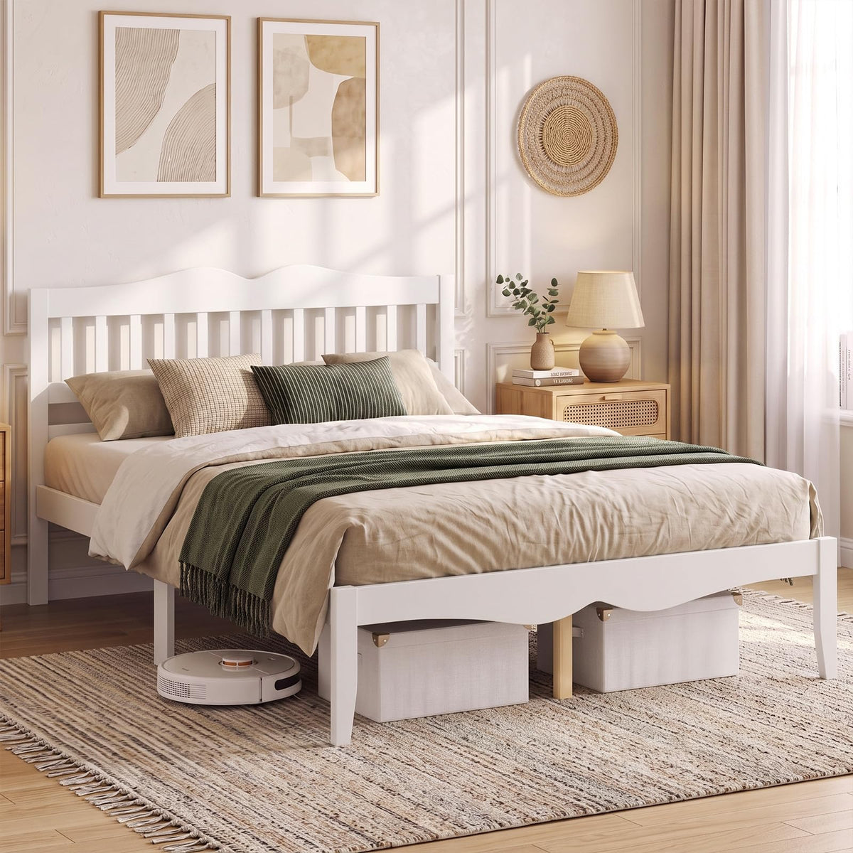KOMFOTT Full/Queen  Size Bed Frame Farmhouse Wooden Bed with Slatted Headboard(Curved Slatted Headboard)
