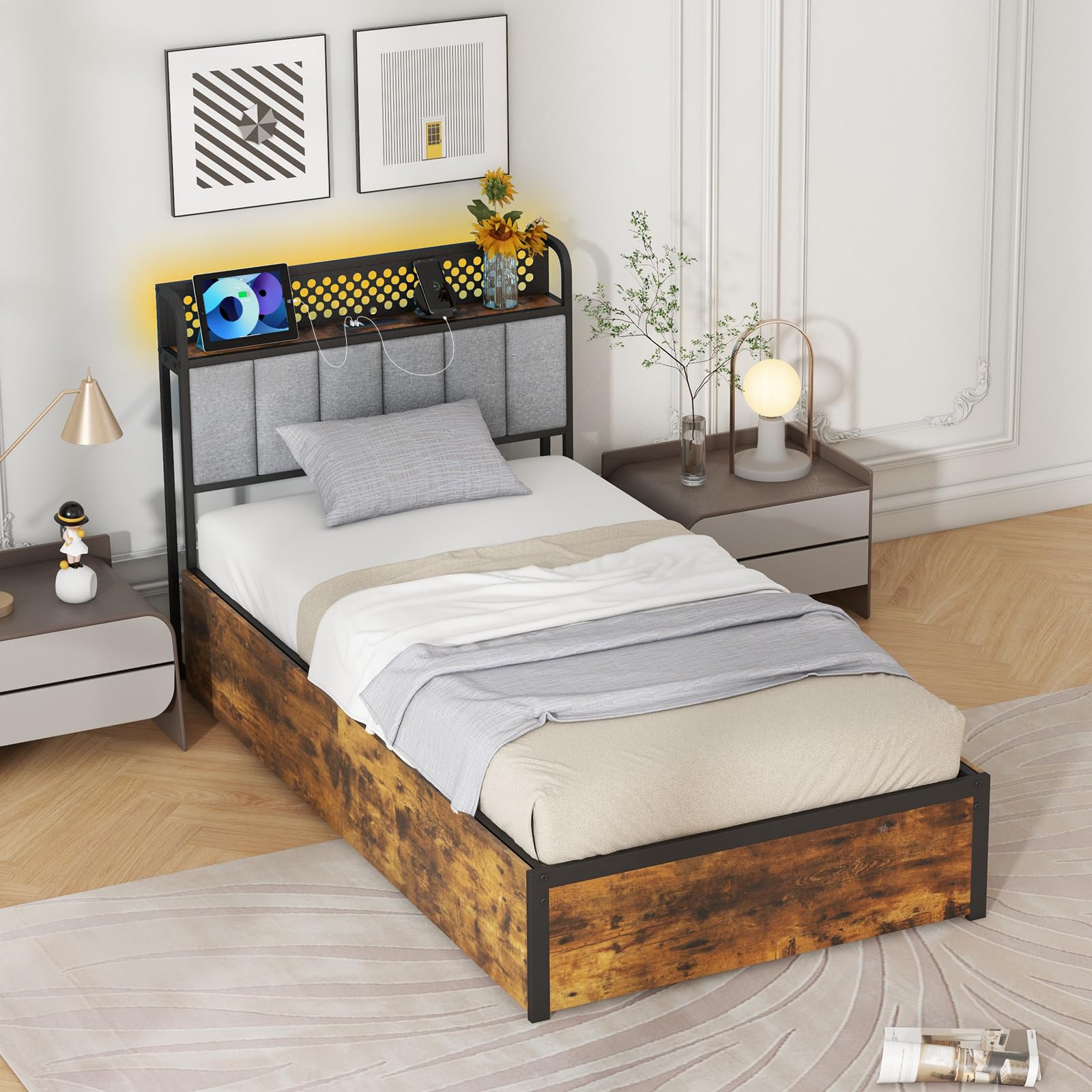 KOMFOTT Industrial LED Bed Frame with 4 Storage Drawers & Charging Station