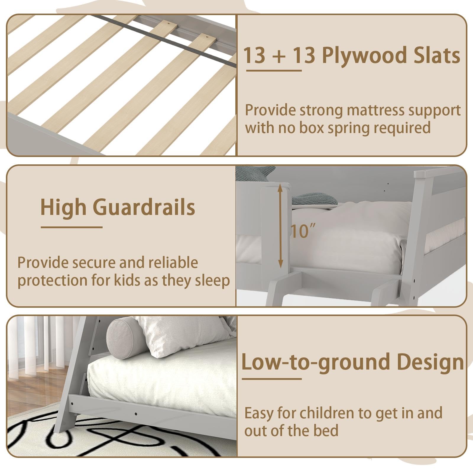 KOMFOTT Wood Twin Over Full Bunk Bed with Reversible Ladder