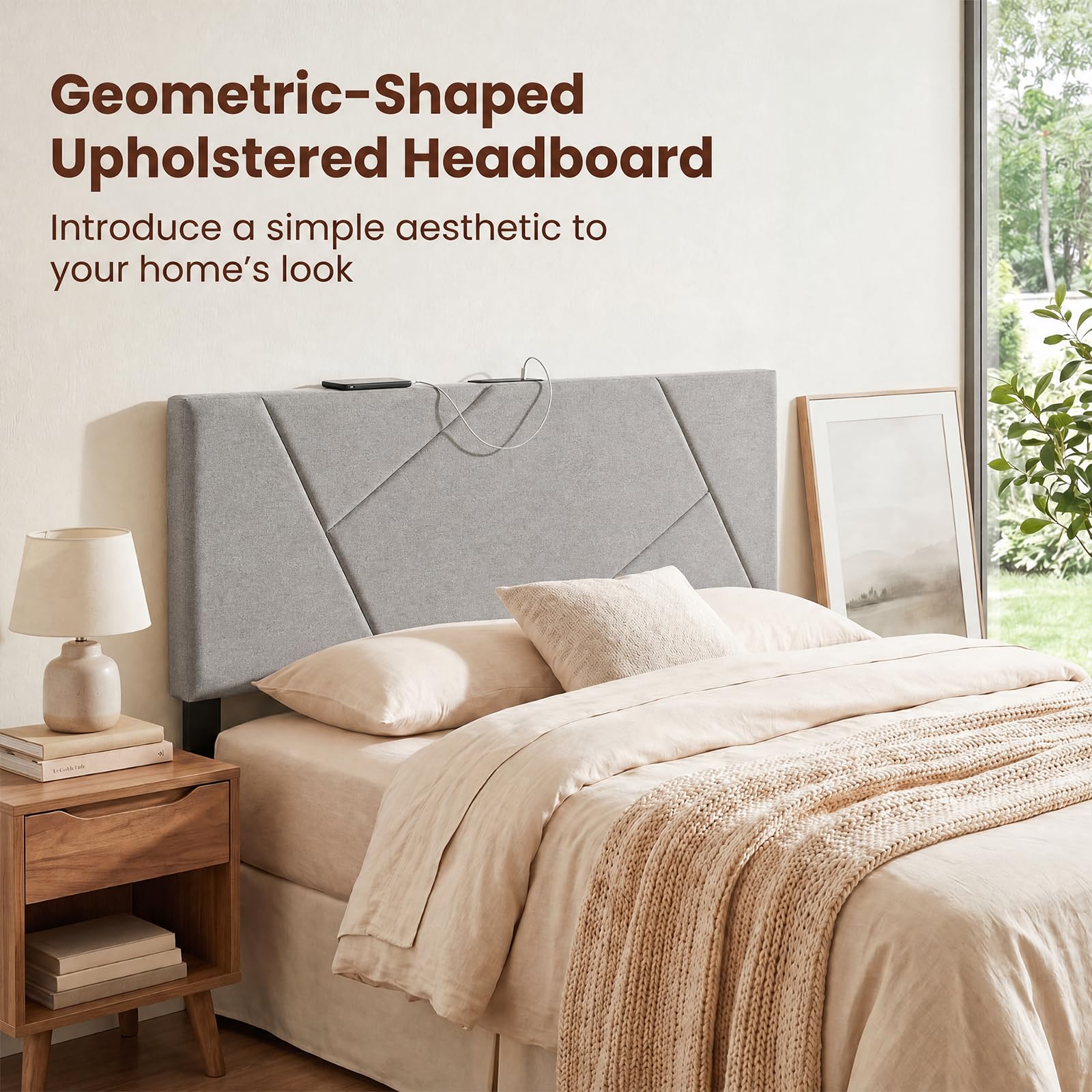 KOMFOTT Upholstered Full & Queen Headboard with Charging Station(Geometric Channel）