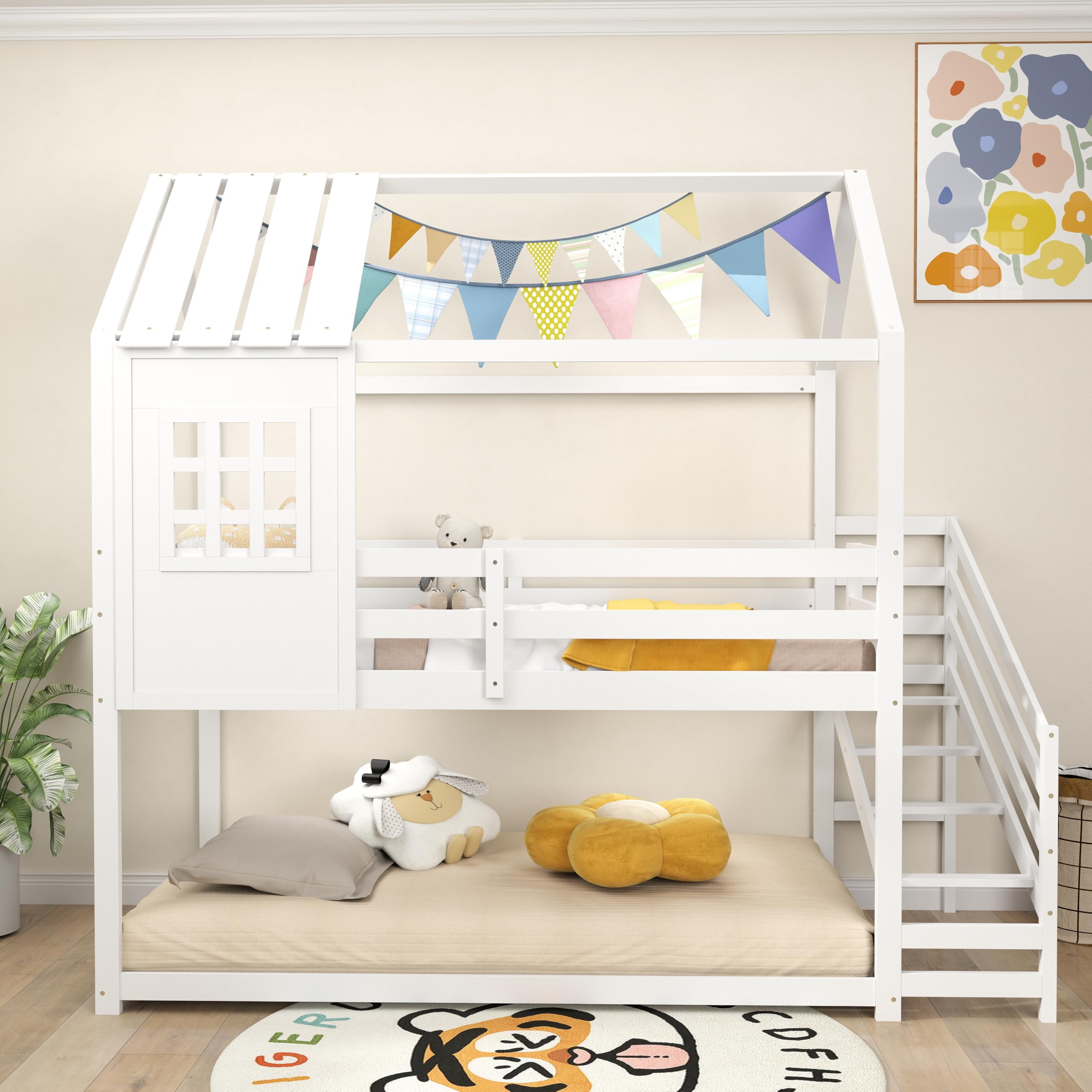 KOMFOTT Wood Twin Over Twin House Bunk Bed with Stairs