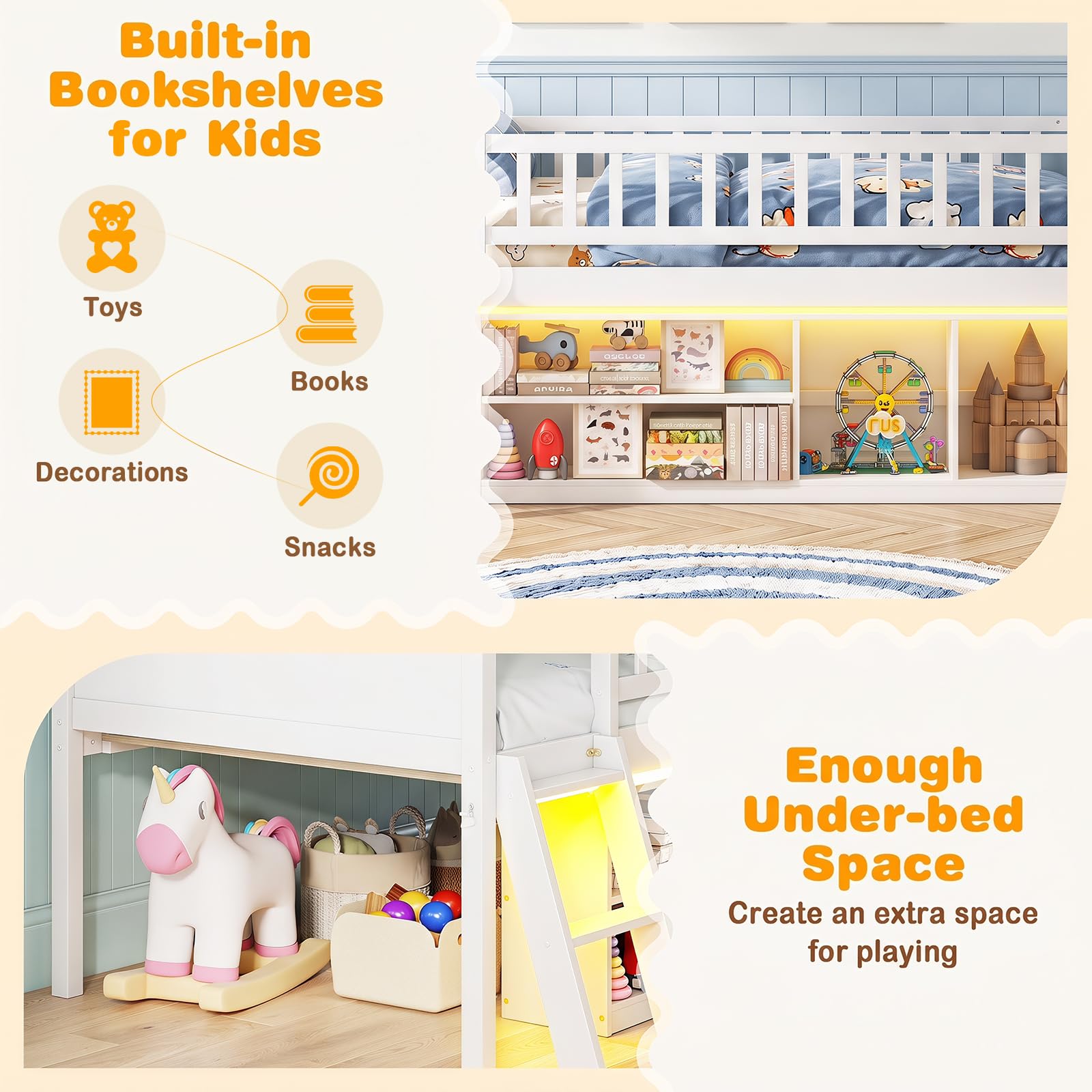 KOMFOTT Twin Size Low Loft Bed with LED Lights & Storage Bookcase(without Chalkboard)