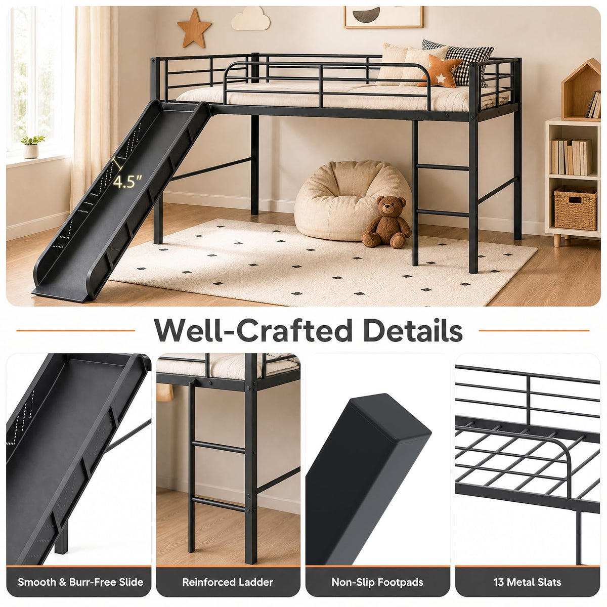 KOMFOTT Twin Size Low Loft Bed Metal Bed Frame with 30" H Under-Bed Space(with Slide)