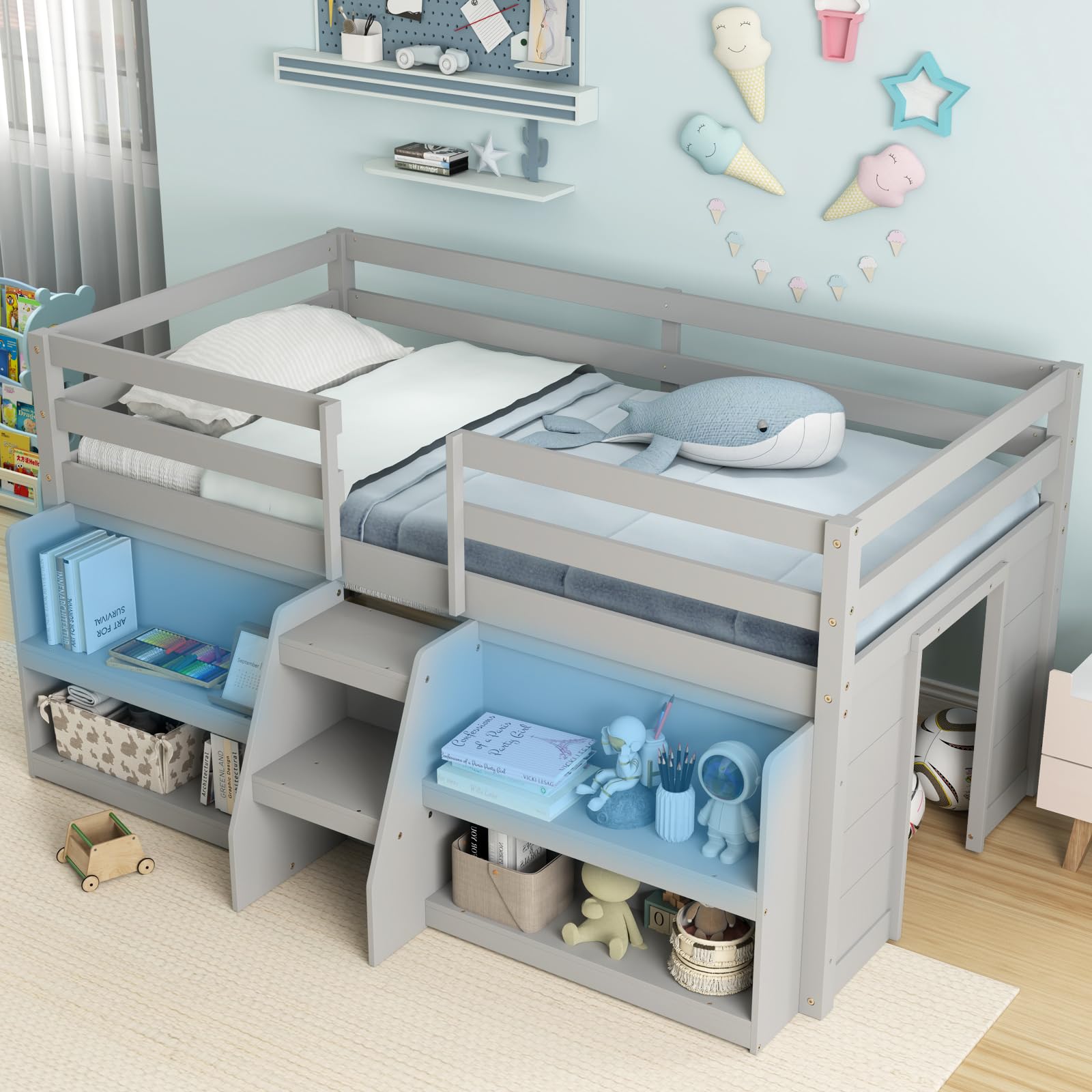 KOMFOTT Low Loft Bed with LED Light & 2 Bookcases