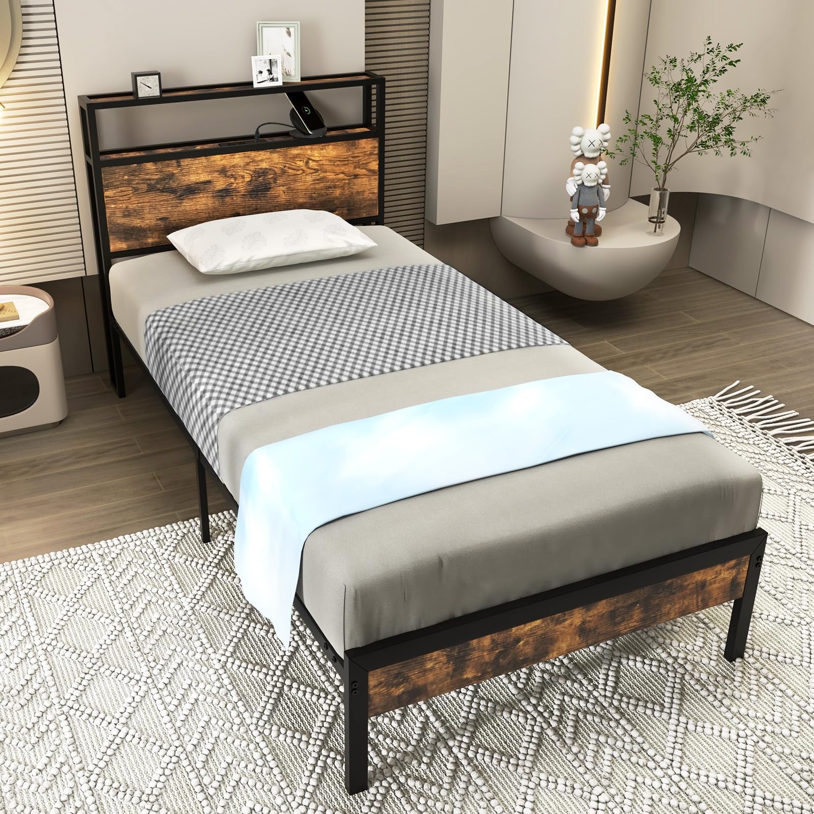 KOMFOTT Industrial Bed Frame with 2-Tier Storage Headboard & Charging Station