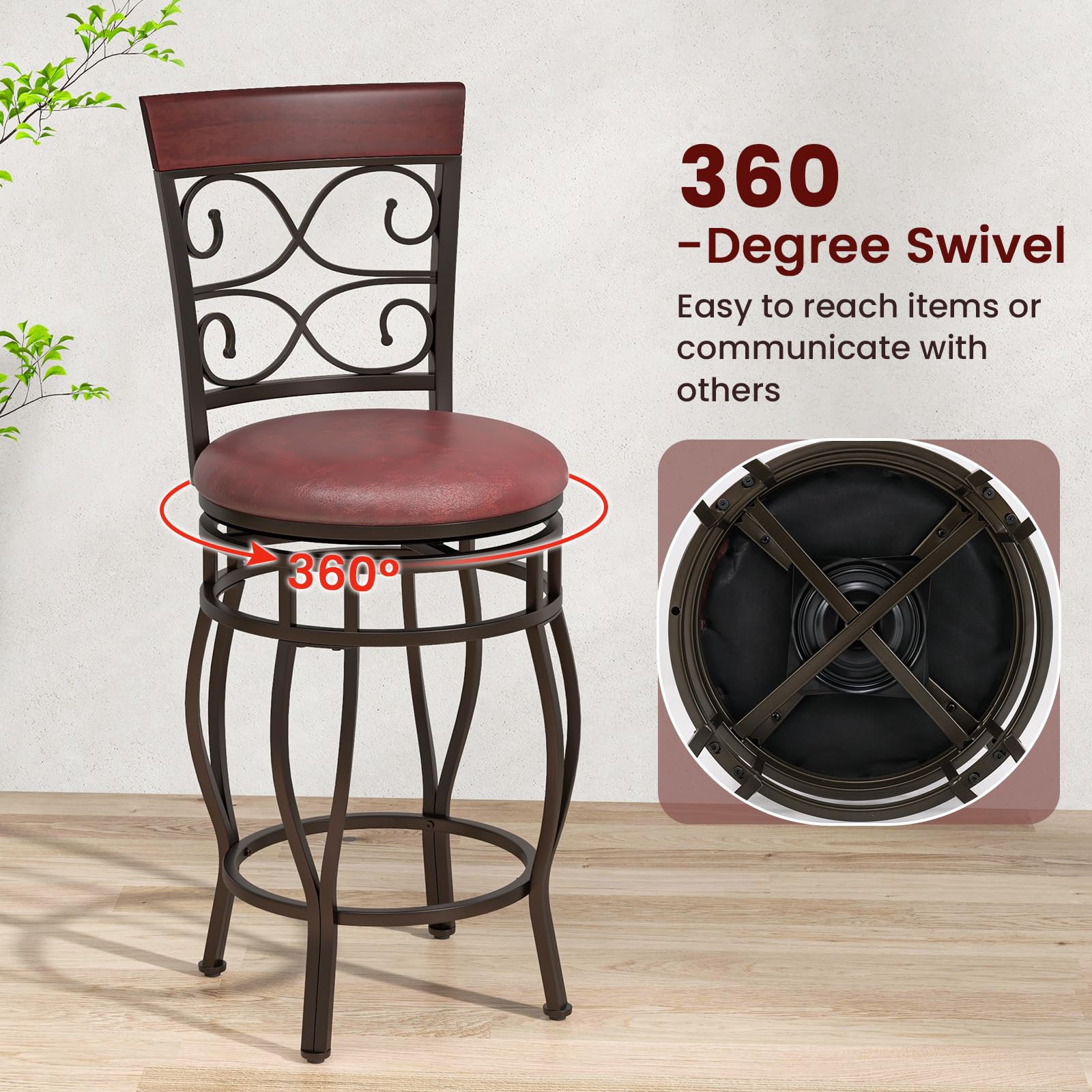 KOMFOTT Swivel Bar Stools Set of 2/4, Counter Height Bar Stools with Back, Upholstered PU Leather Seat, Footrest