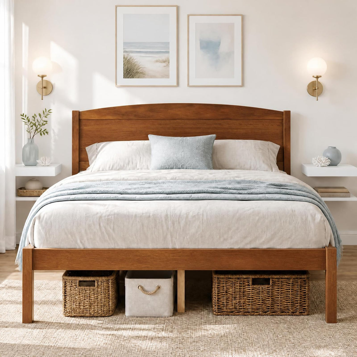 KOMFOTT Full/Twin/King/Queen Size Bed Frame Wooden Platform Bed with Curved Headboard