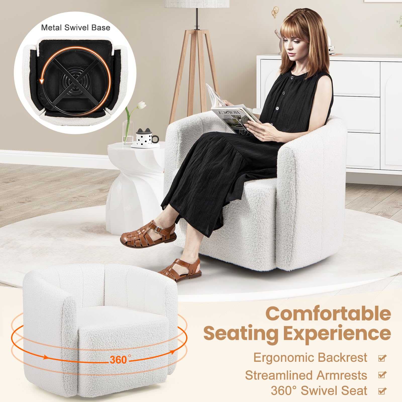 KOMFOTT Swivel Barrel Chair Sherpa Fabric Accent Chair