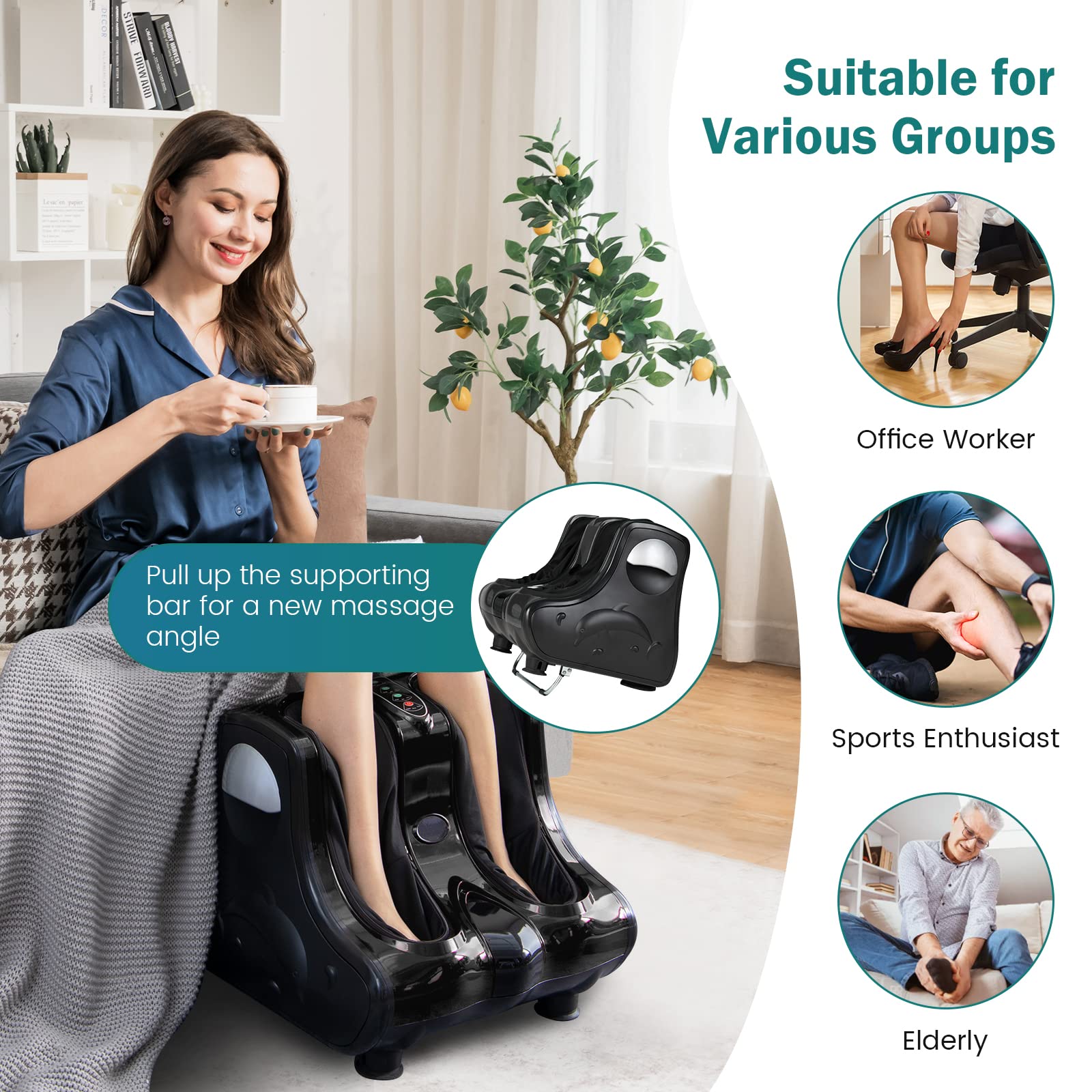 KOMFOTT Foot and Calf Massager, Shiatsu Foot Massager Machine w/Heating, Kneading, Vibration, Rolling, Adjustable Speed & Tilt Base