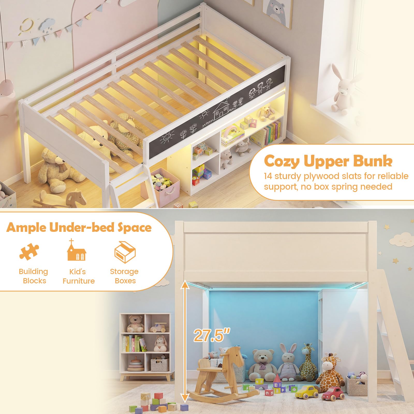 KOMFOTT Twin Size Low Loft Bed with LED Lights