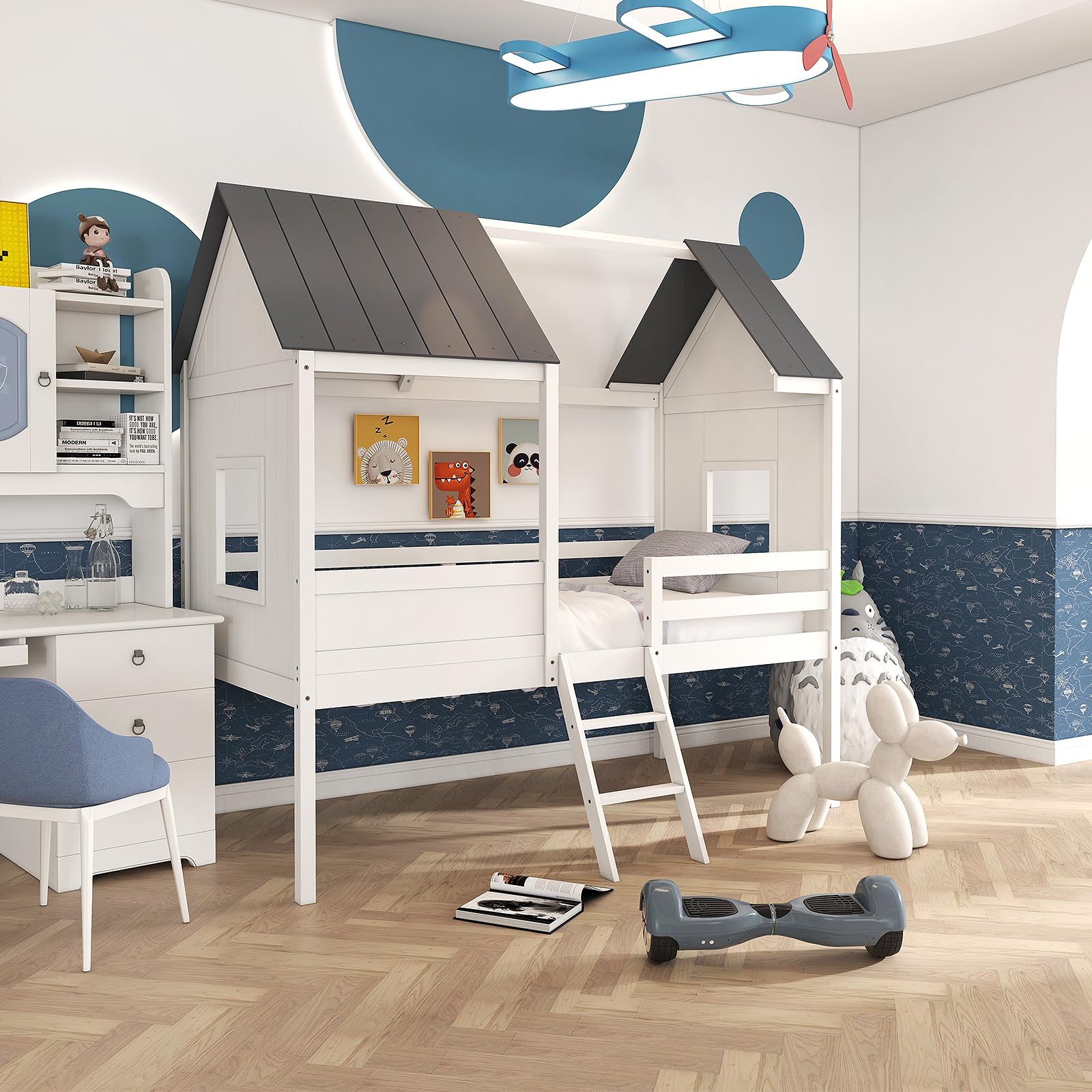 KOMFOTT Twin House Bed Wood Kid’s Low Loft Bed Frame
