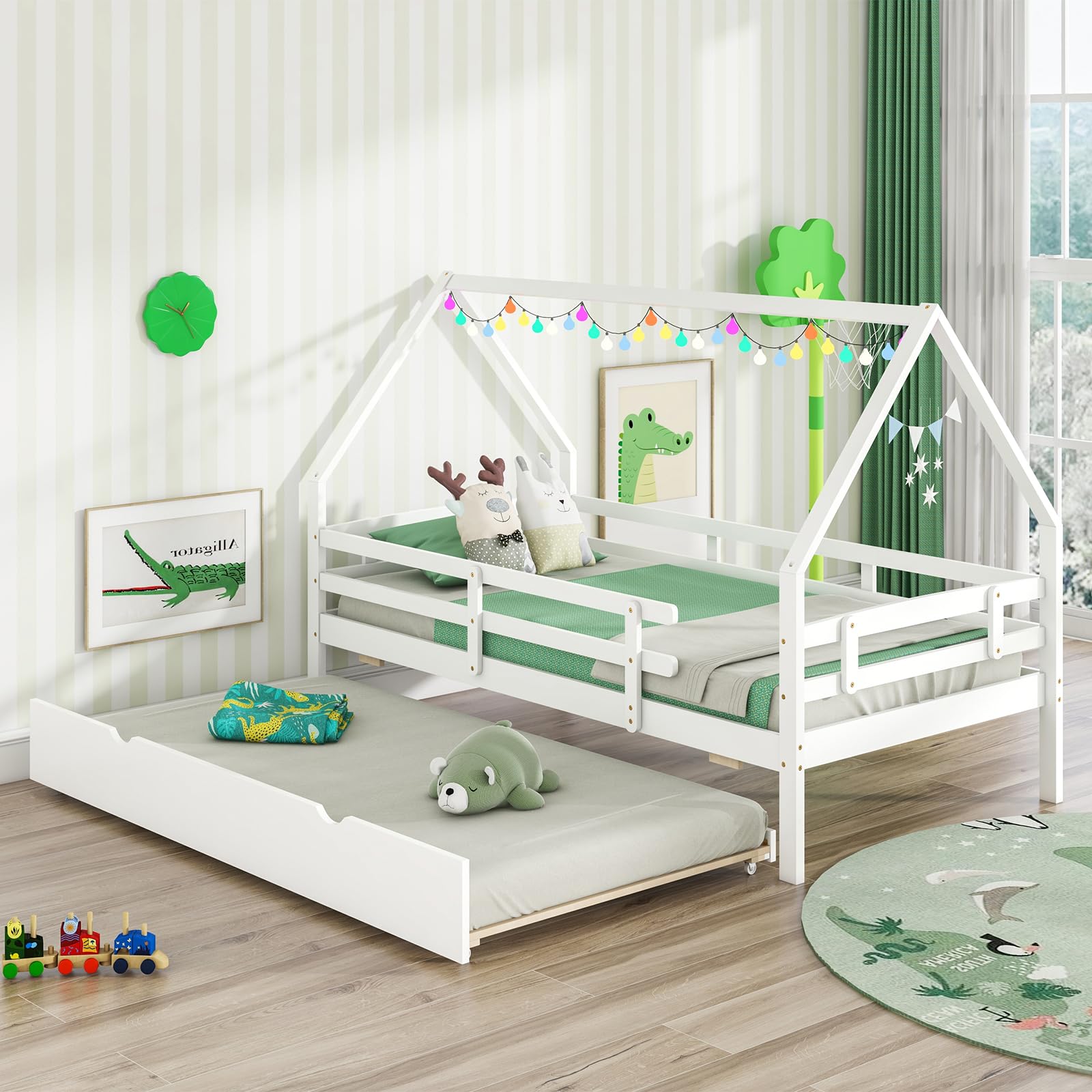 KOMFOTT House Bed with Trundle Wood Bed Frame with Safety Rails & Roof