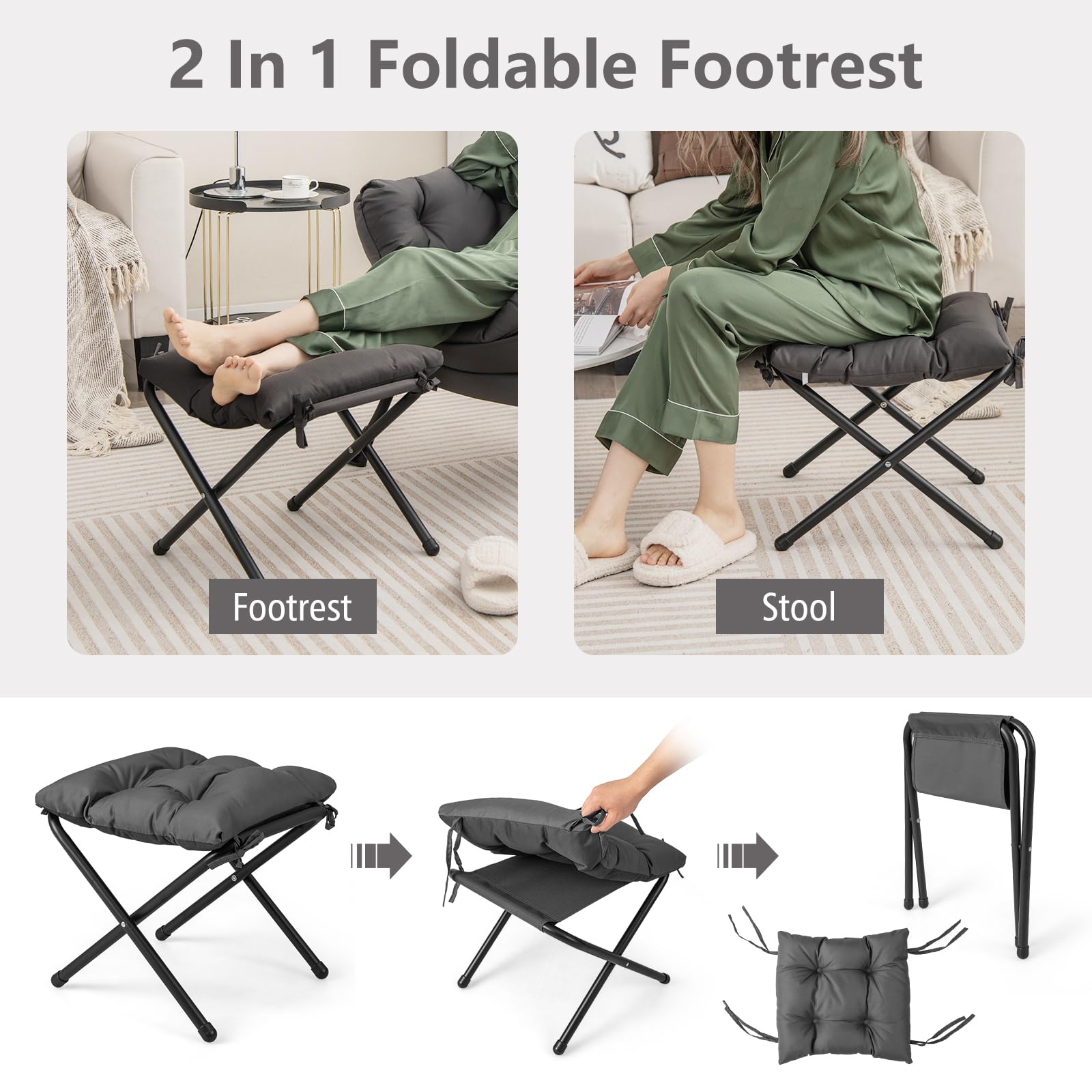 KOMFOTT Lazy Sofa Chair with Ottoman, Upholstered Leisure Lounge Armchair with Folding Footrest, Side Storage Pocket