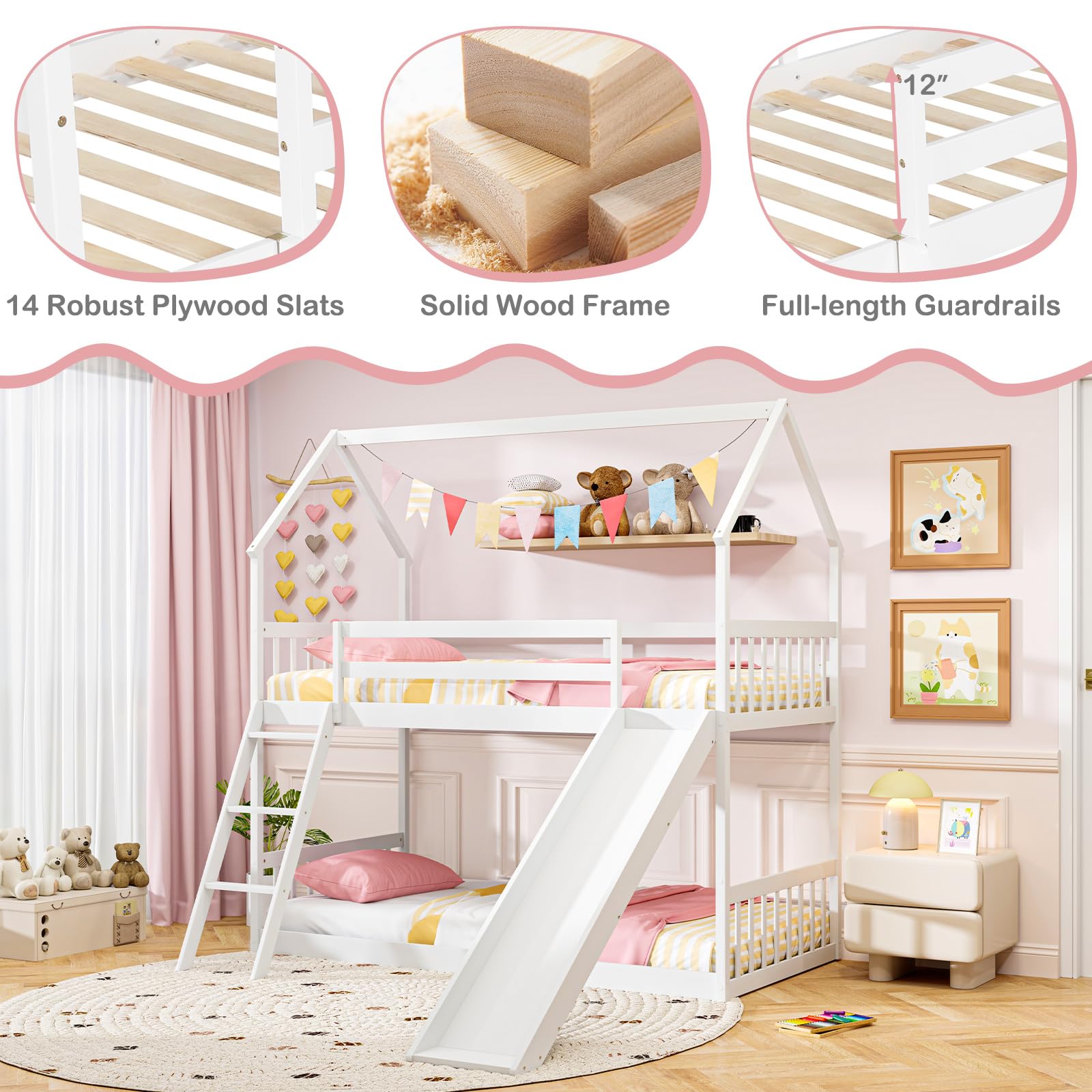 KOMFOTT Wood Twin Over Twin House Bunk Bed(White)