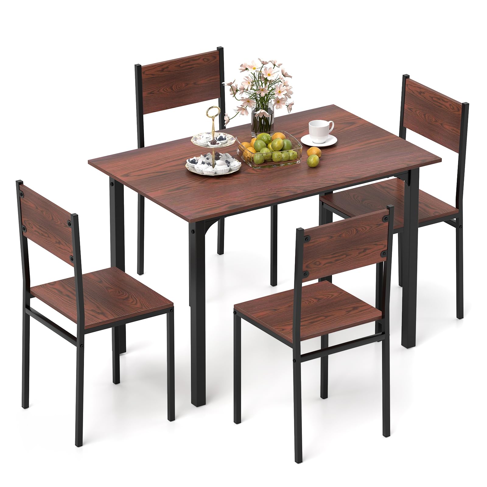 KOMFOTT 5-Piece Dining Table Set, Industrial Kitchen Table and Chairs for 4 with Backrest and Metal Frame