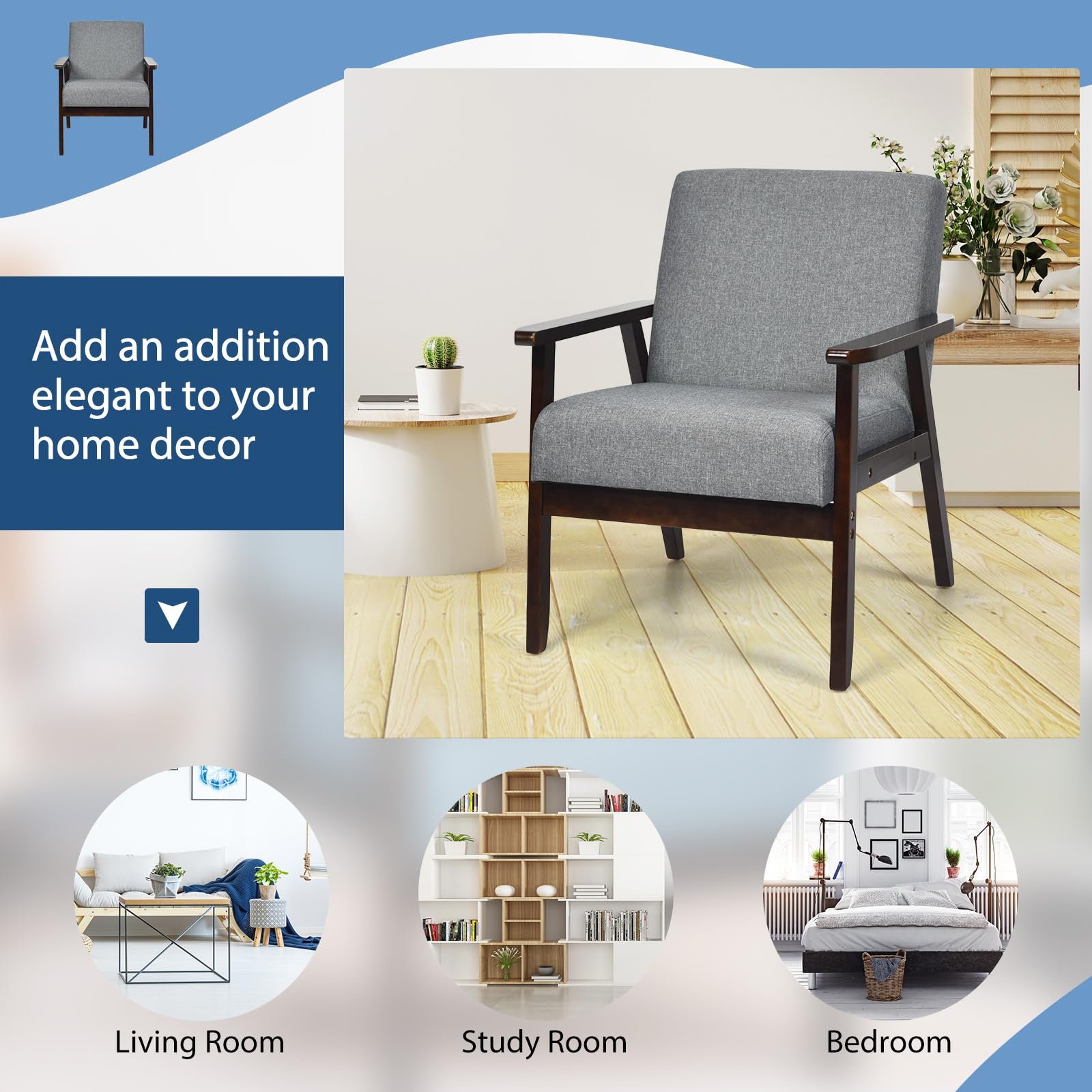 KOMFOTT Armrest Accent Chair, Upholstered Linen Fabric Lounge Chair with Rubber Wood Legs, Comfortable Backrest