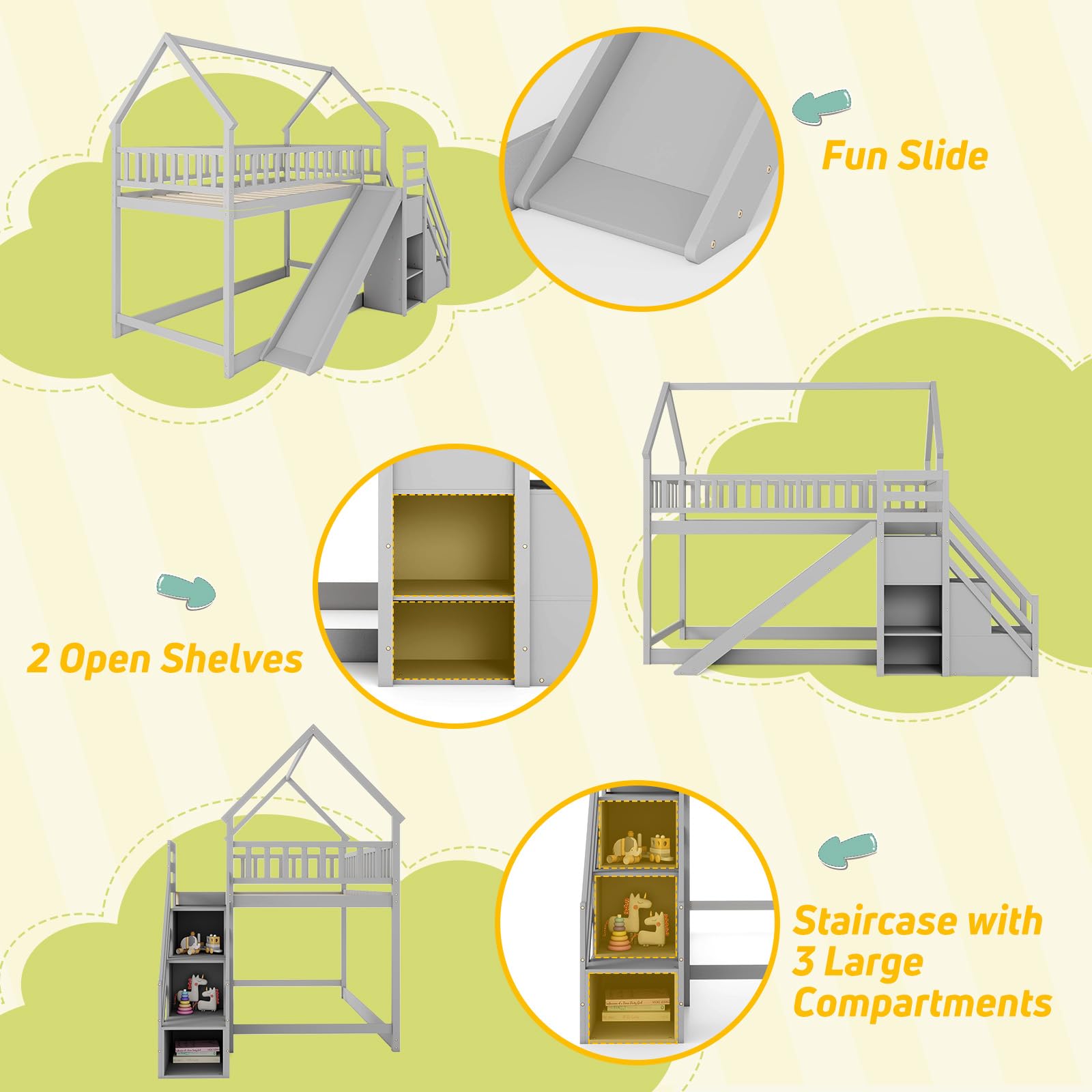 KOMFOTT Twin Over Twin  Wood House Bunk Bed with Slide & Stairs, Storage Shelves