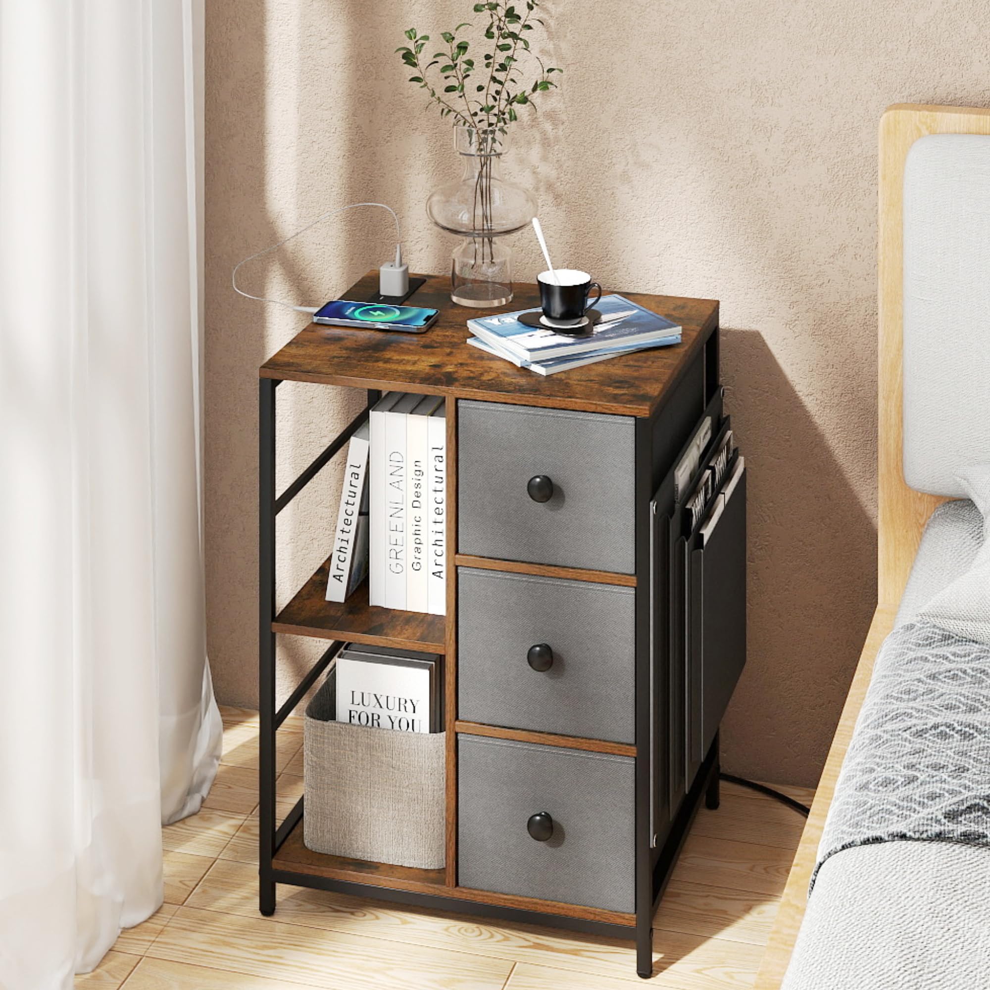 KOMFOTT 3-Tier Nightstand with Charging Station