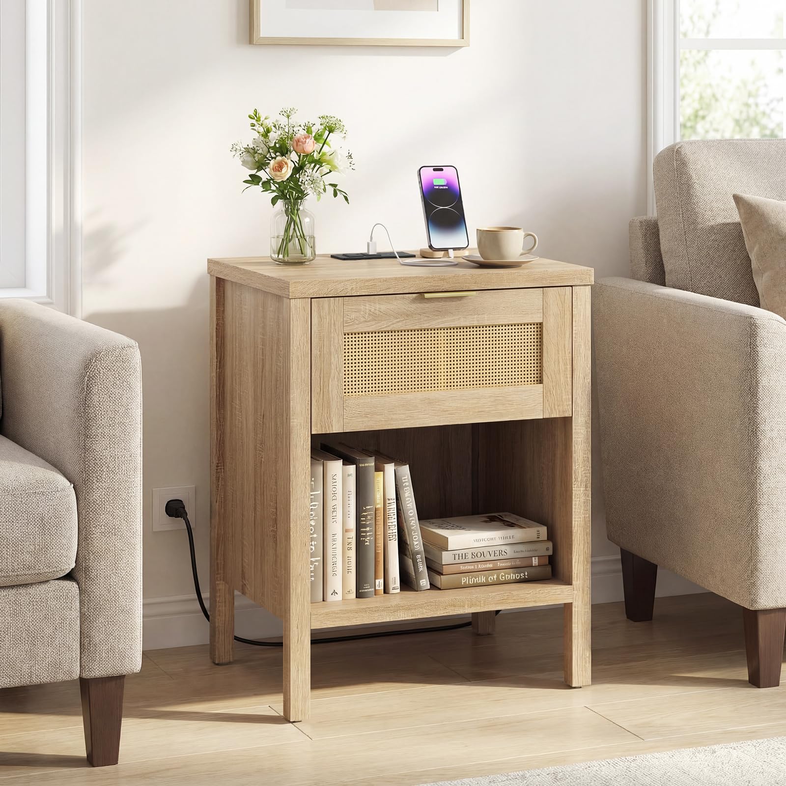 KOMFOTT Rattan Nightstand with Charging Station