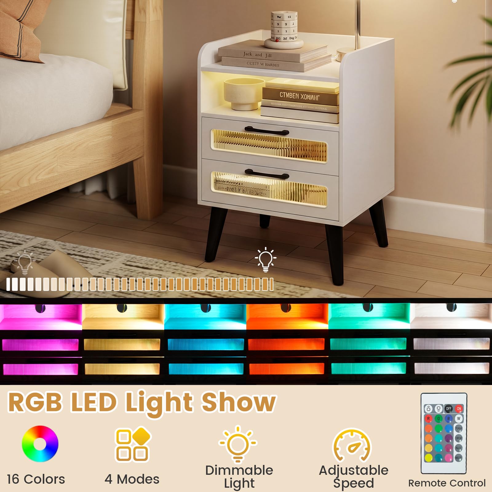 KOMFOTT Nightstand with Charging Station and LED Lights(1/2)