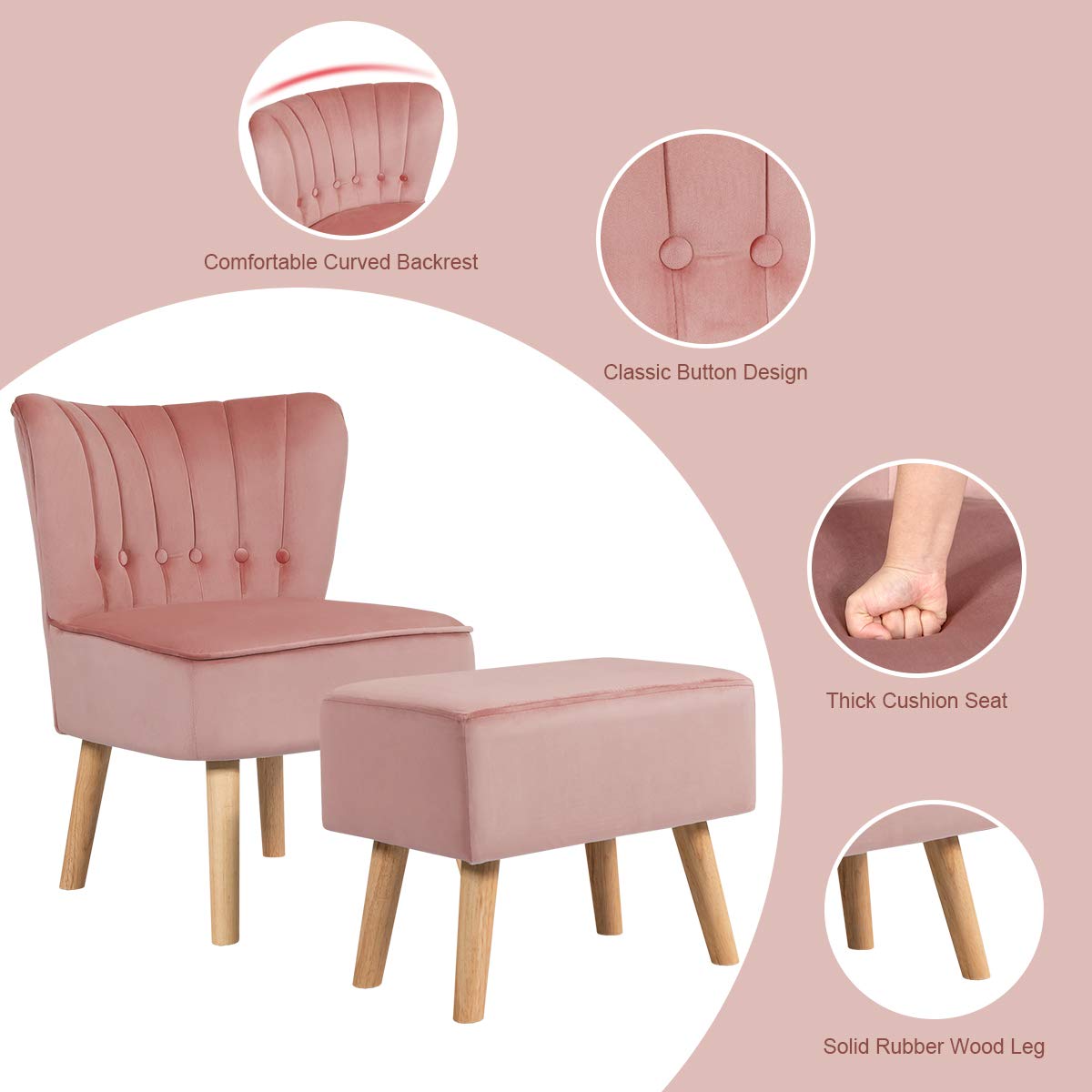 KOMFOTT Modern Accent Chair Ottoman Set, Armless Slipper Sofa Chair with Footstool