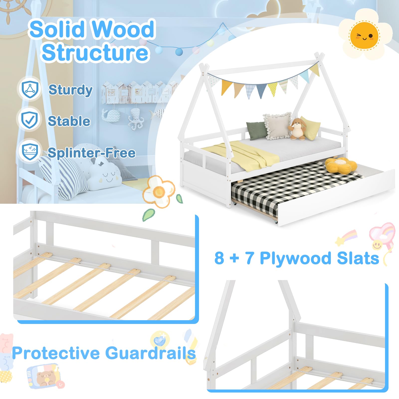 KOMFOTT Twin Size Wood House Bed with Trundle